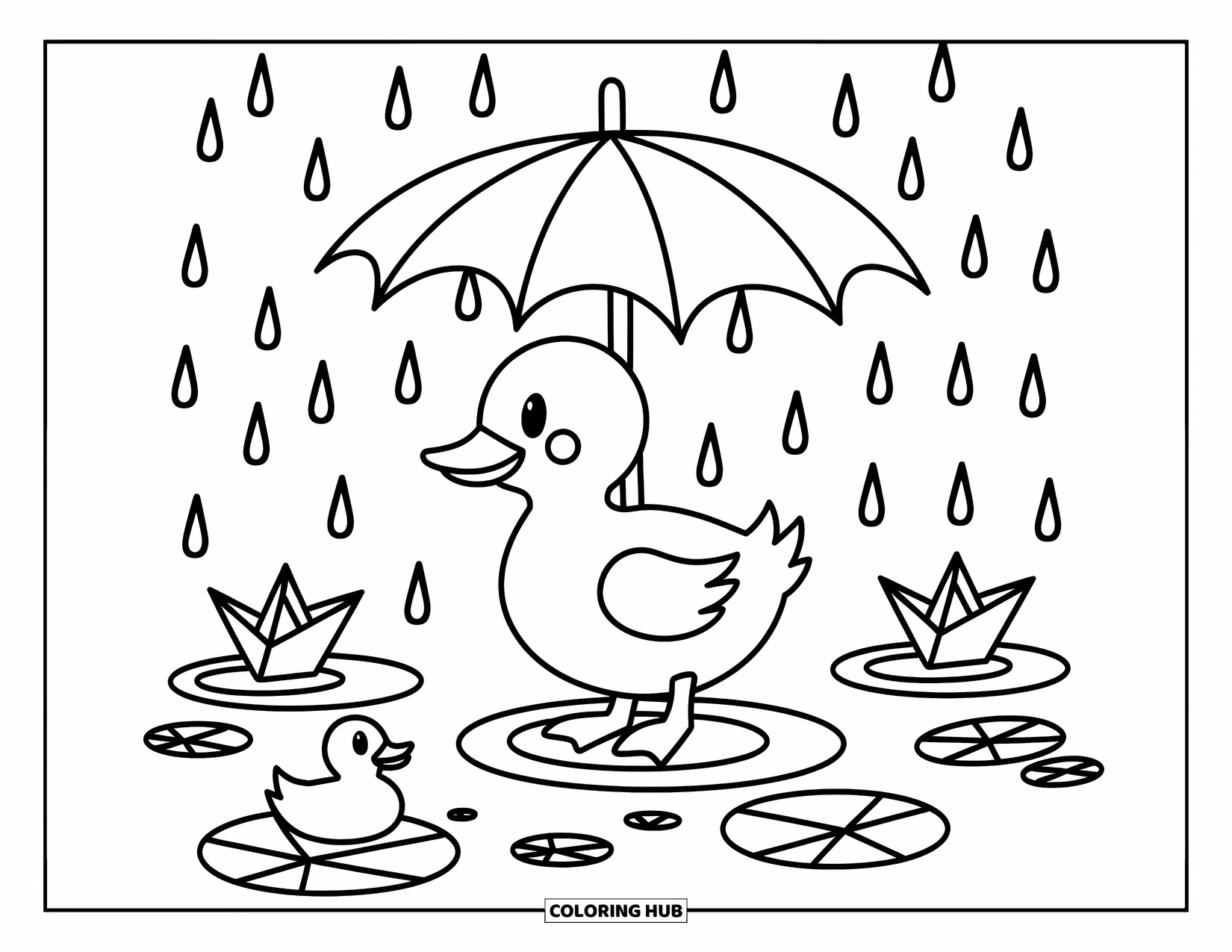 Baby Duck Coloring Page for Adults: A duck waddles under a leafy umbrella while boats and puddles surround it
