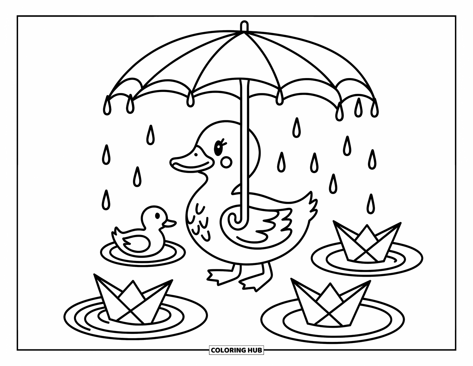 Baby Duck Coloring Page for Adults: A duck walks in gentle rain under a big leaf with tiny paper boats