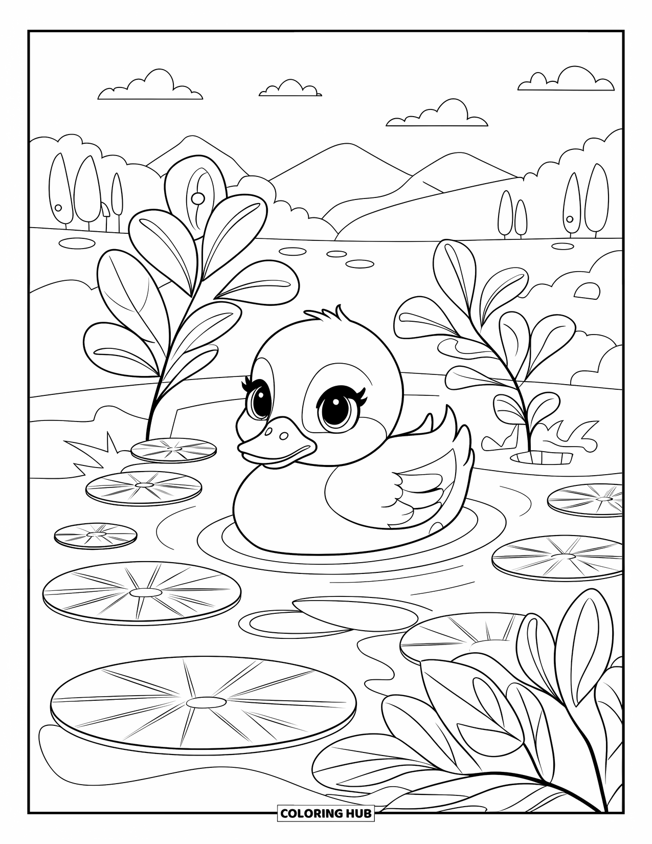 Baby Duck Coloring Page for Adults: A swimming duck is surrounded by leaves, lily pads, and flowing water patterns