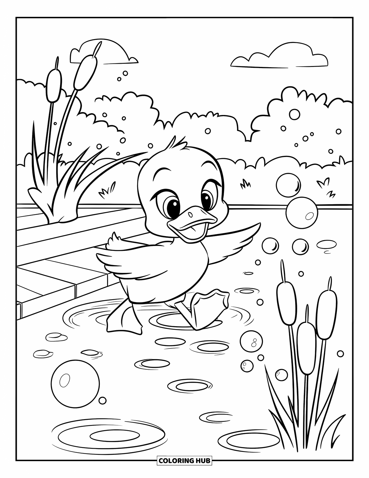 Baby Duck Coloring Page for Kids: A baby duck chases bubbles near a pond with cattails and a wooden deck