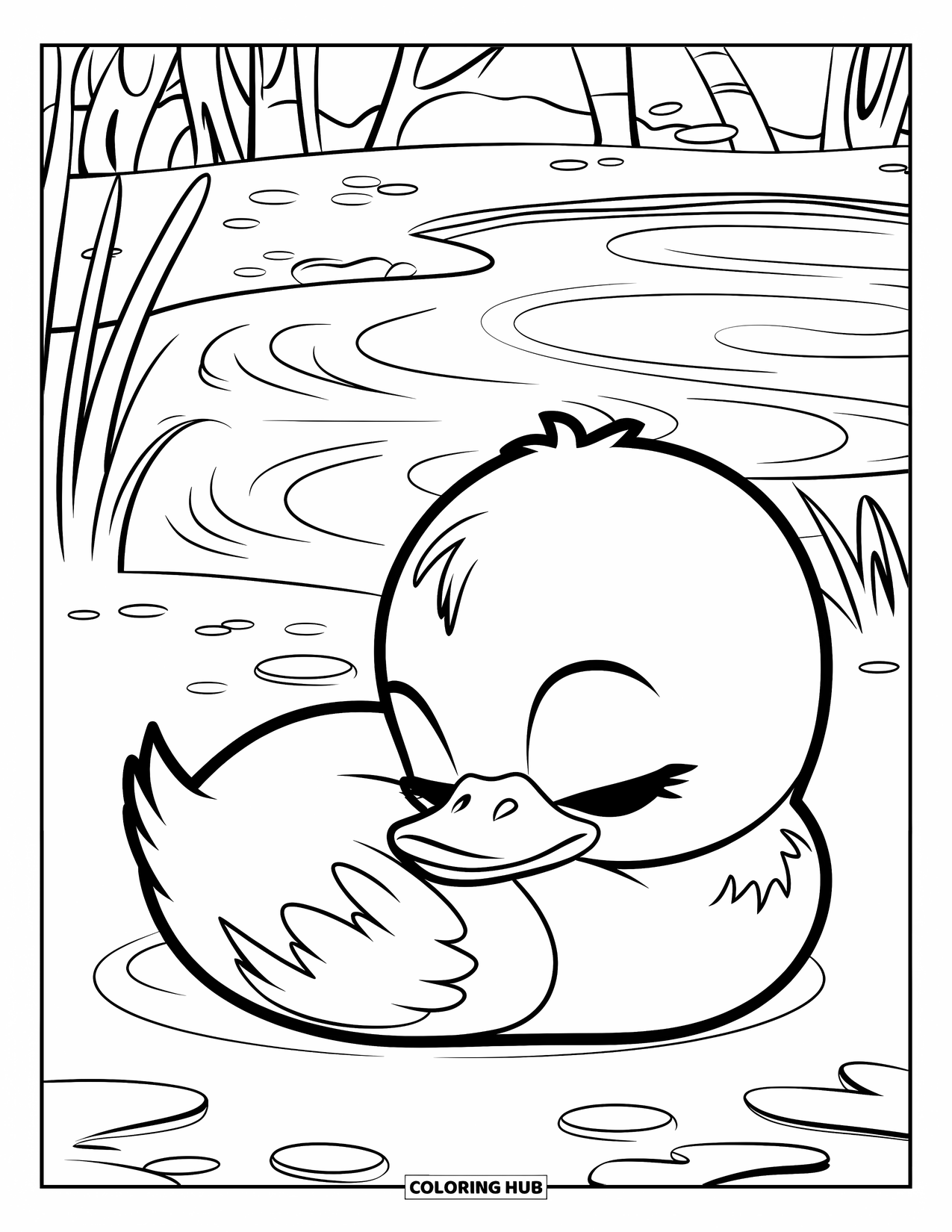 Baby Duck Coloring Page for Kids: A baby duck naps beside a quiet pond with ripples and reeds
