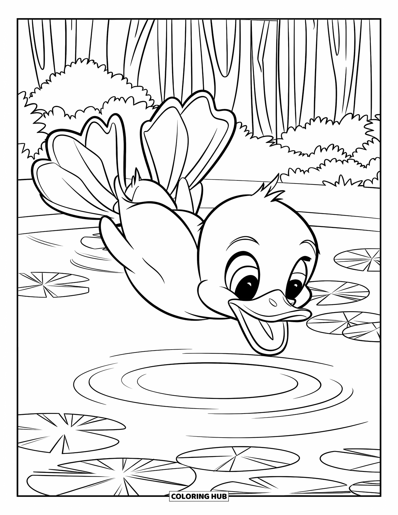 Baby Duck Coloring Page for Kids: A duck dives into a lily pad pond in a forest