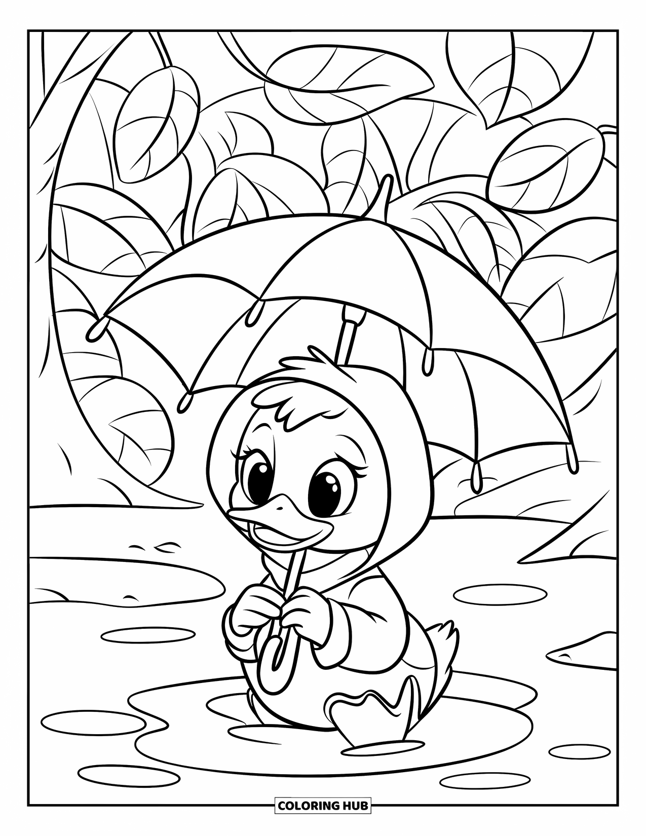 Baby Duck Coloring Page for Kids: A duck in a raincoat and scarf sits in a puddle under a leaf