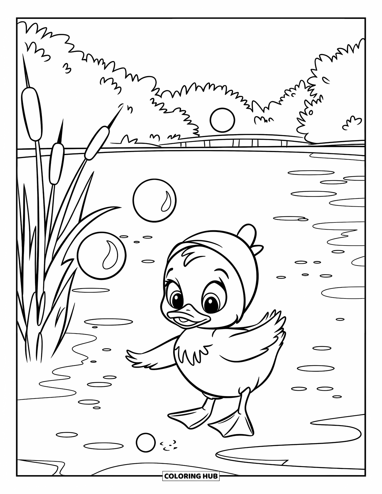 Baby Duck Coloring Page for Kids: A duck in a small hat chases bubbles by a pond with a distant bridge