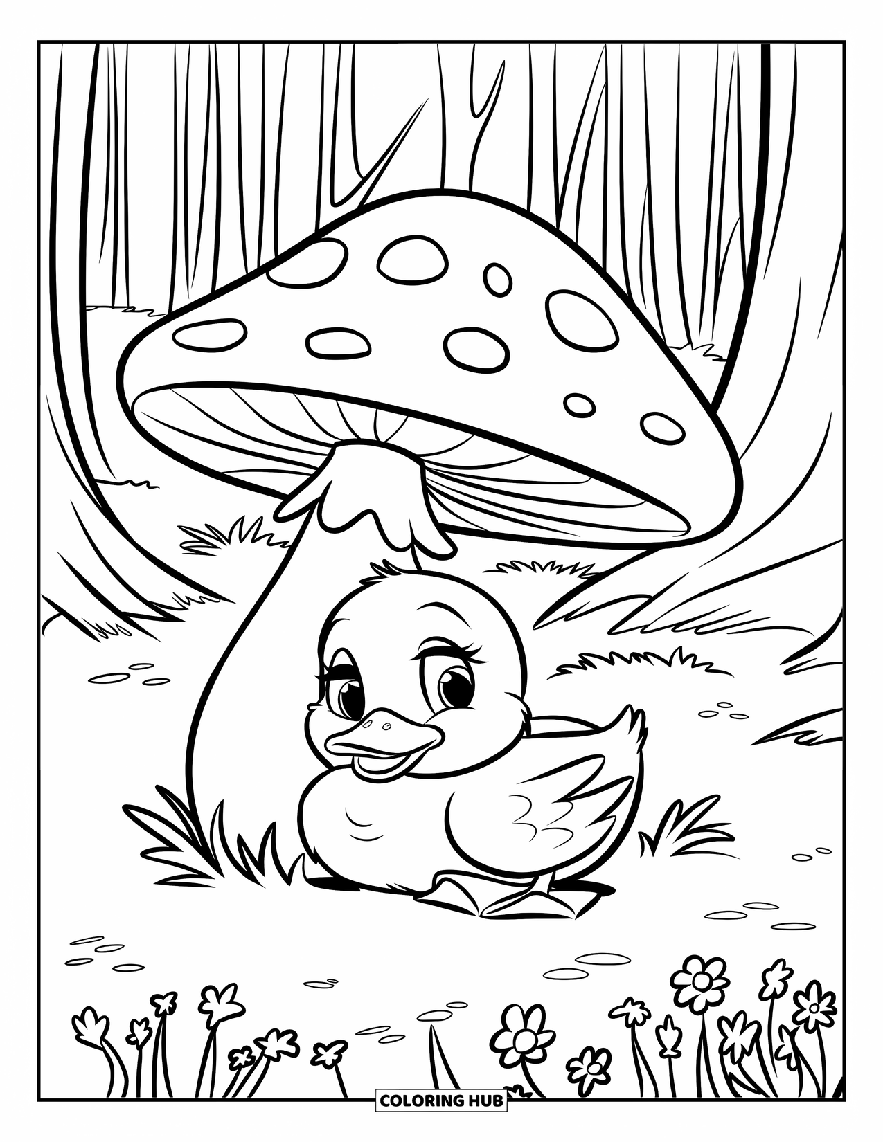 Baby Duck Coloring Page for Kids: A duck naps beneath a mushroom in a tall forest