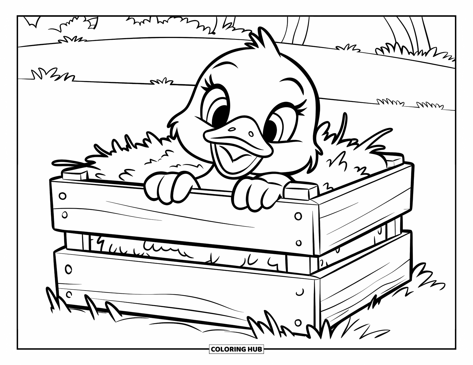 Baby Duck Coloring Page for Kids: A duck peeks from a crate full of hay in a grassy field