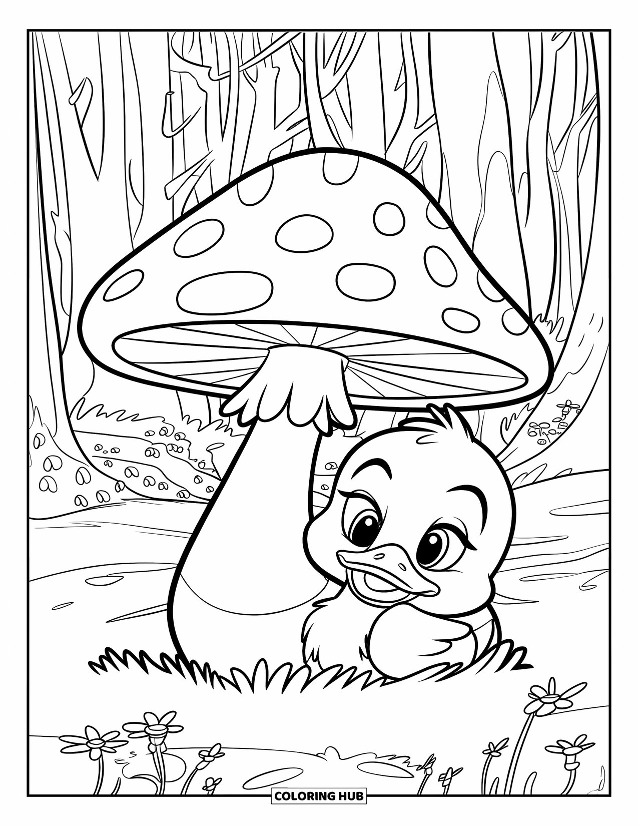Baby Duck Coloring Page for Kids: A duck relaxes beneath a mushroom in a forest full of flowers