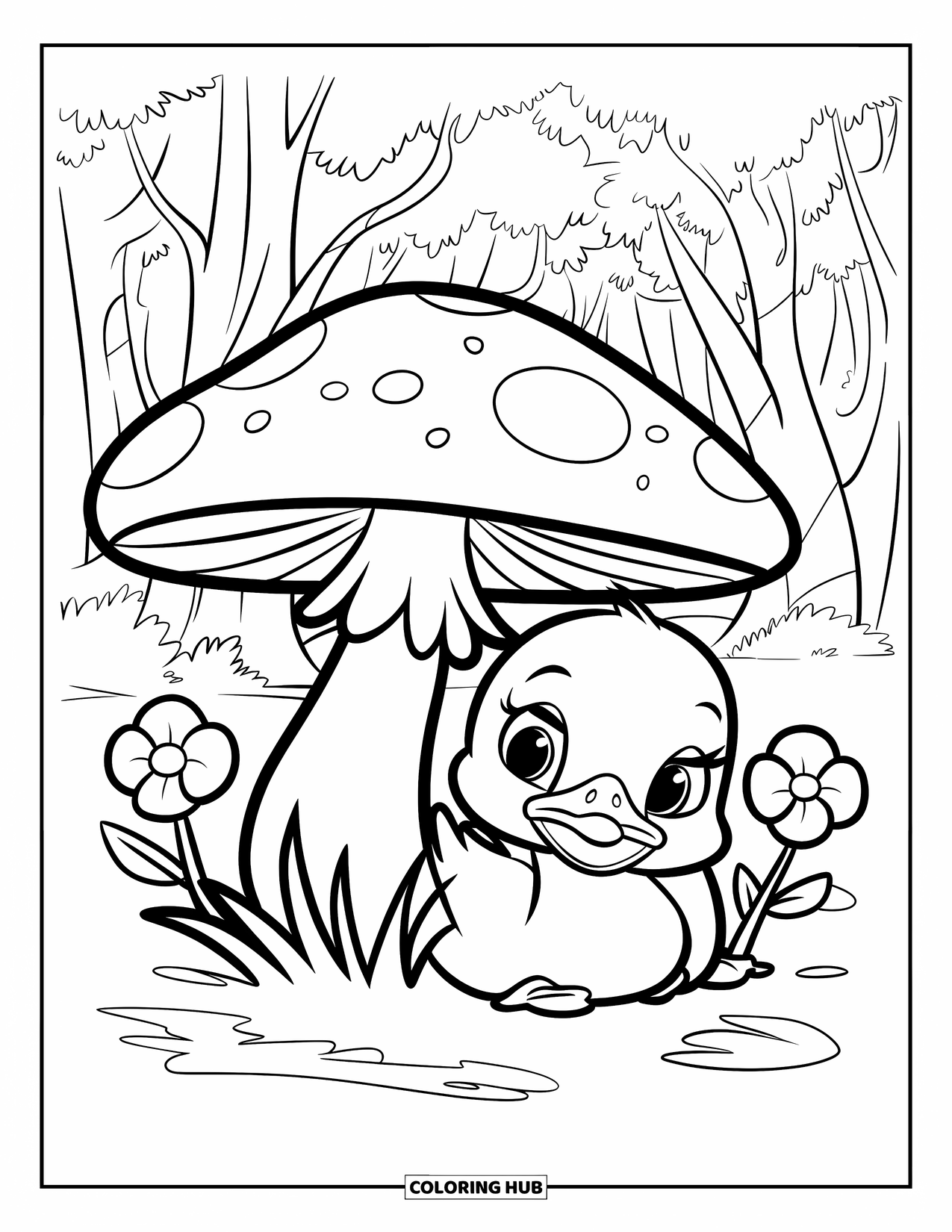 Baby Duck Coloring Page for Kids: A duck rests under a mushroom with forest flowers nearby
