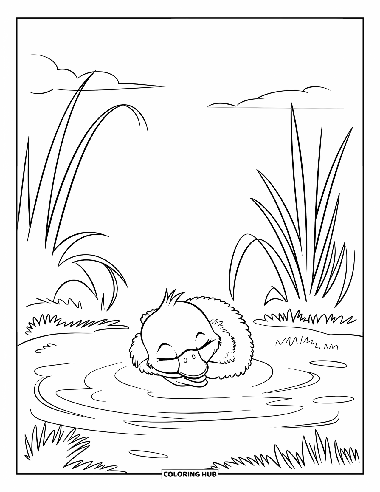 Baby Duck Coloring Page for Kids: A duck sleeps by a pond with clouds and green grass nearby