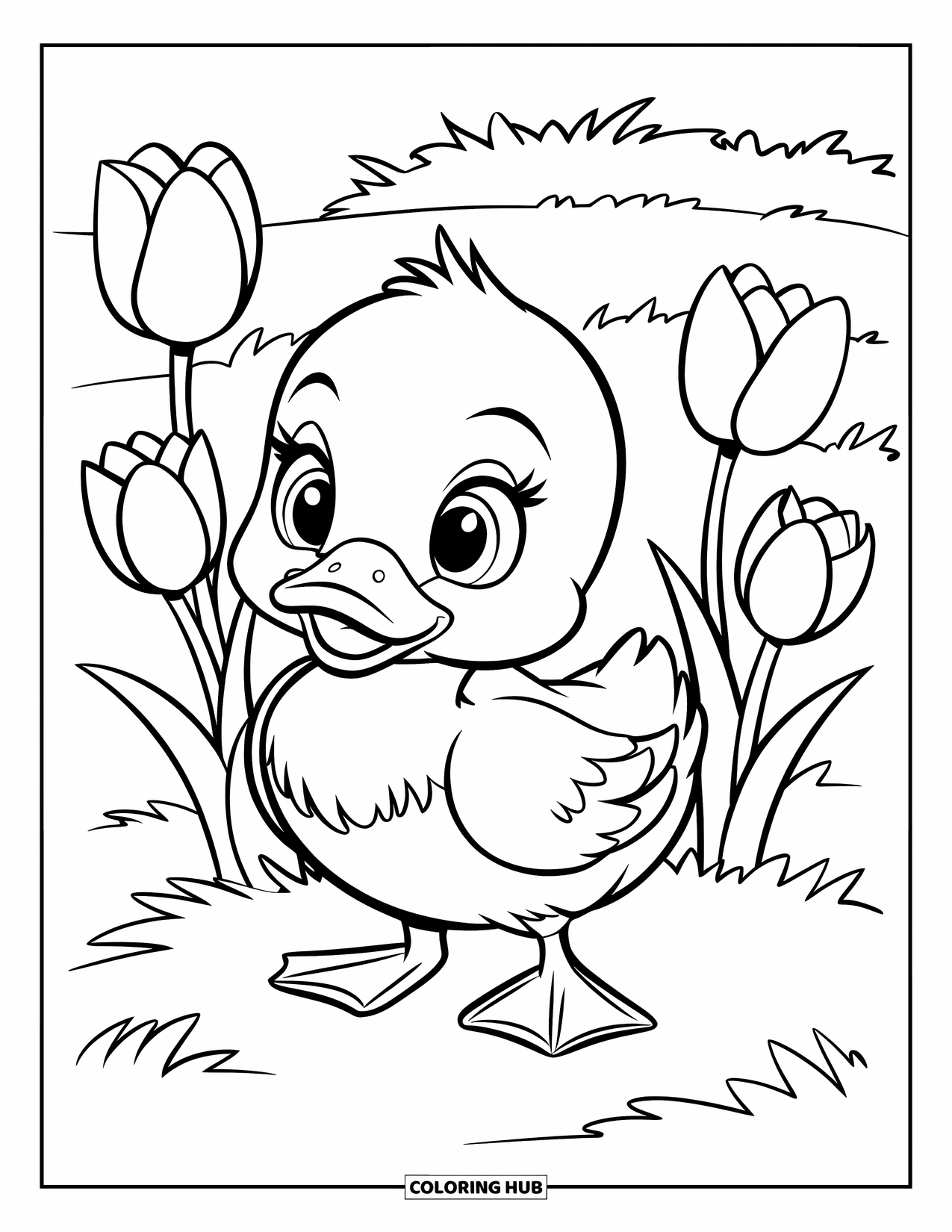 Baby Duck Coloring Page for Kids: A duck stands on grass with three tulips in a lush green field