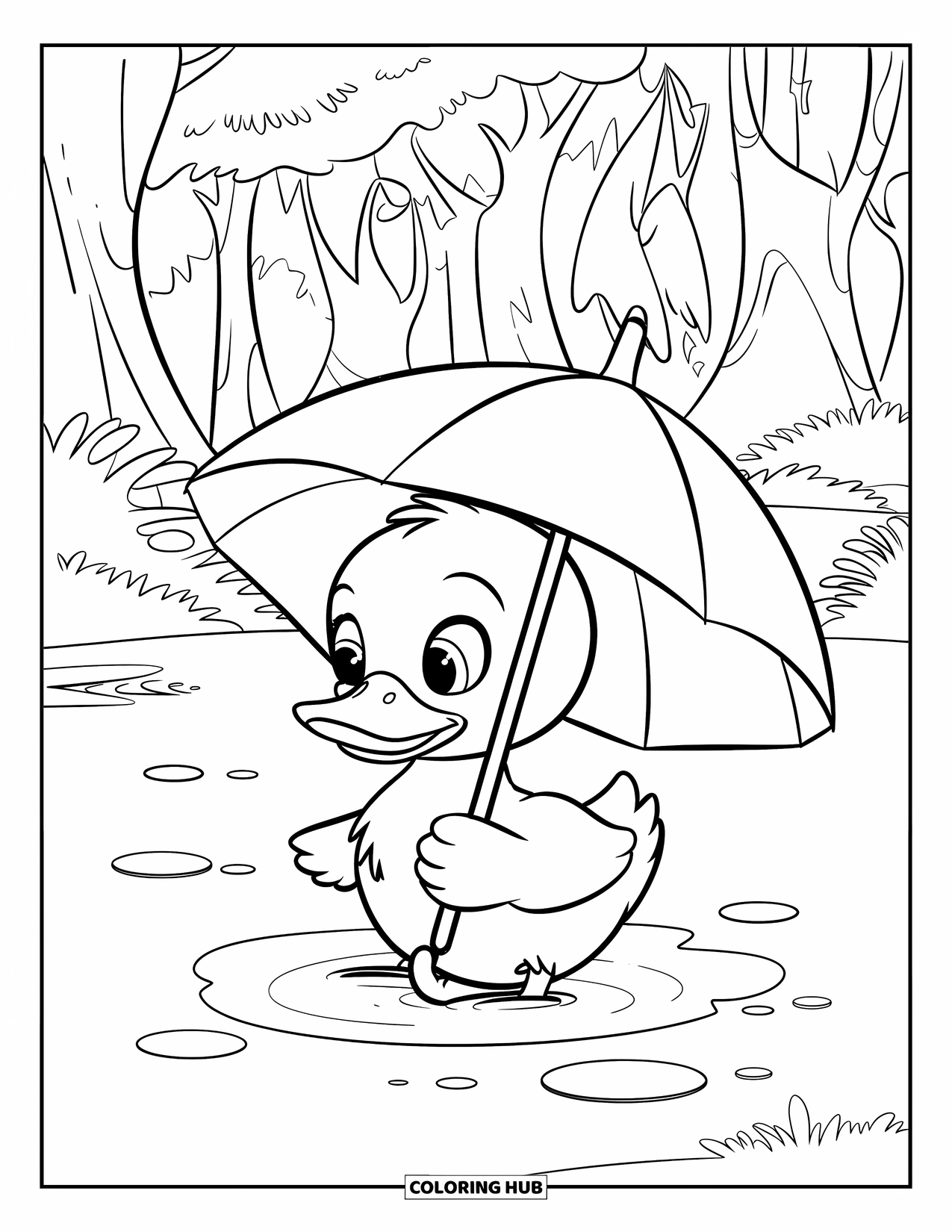 Baby Duck Coloring Page for Kids: A duck under a leaf umbrella sits in a puddle near forest trees