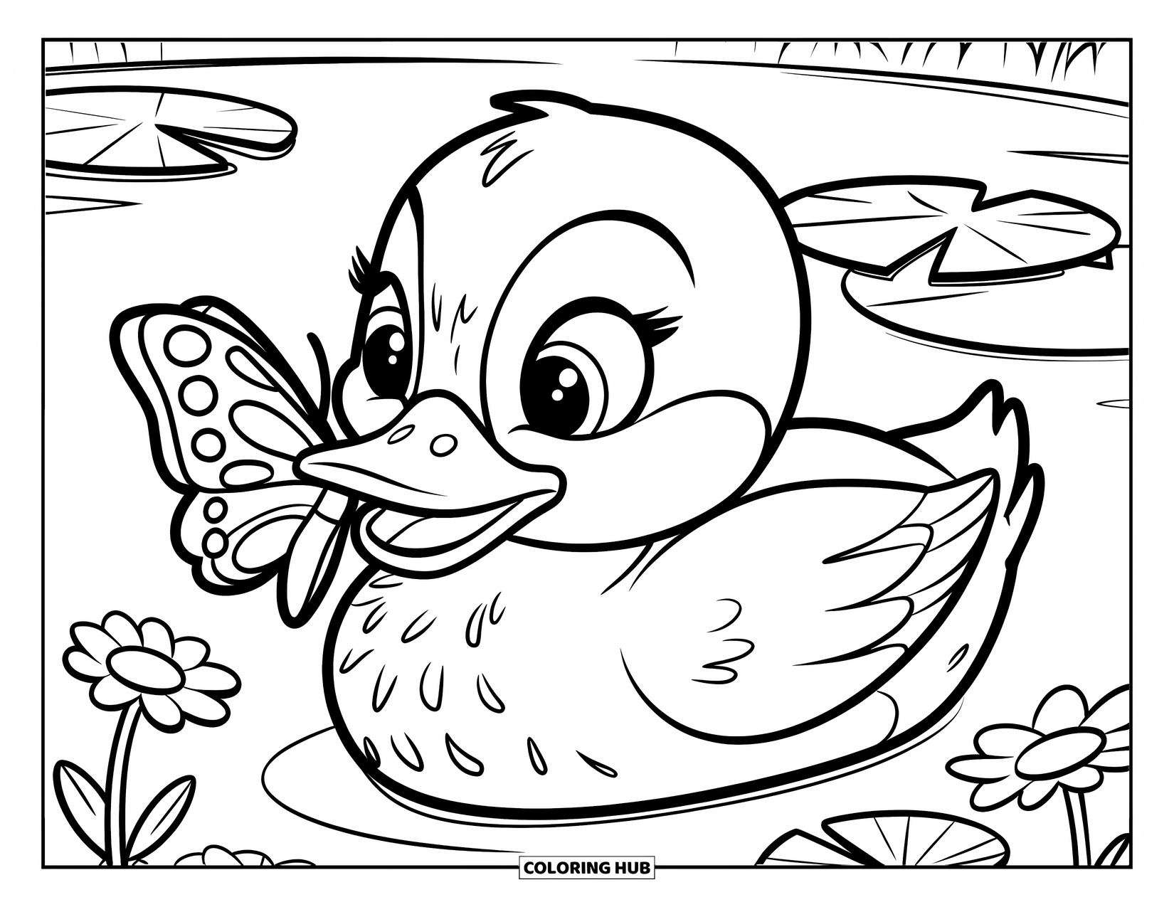 Baby Duck Coloring Page for Kids: A duck with a butterfly on its beak stands near a lily pond