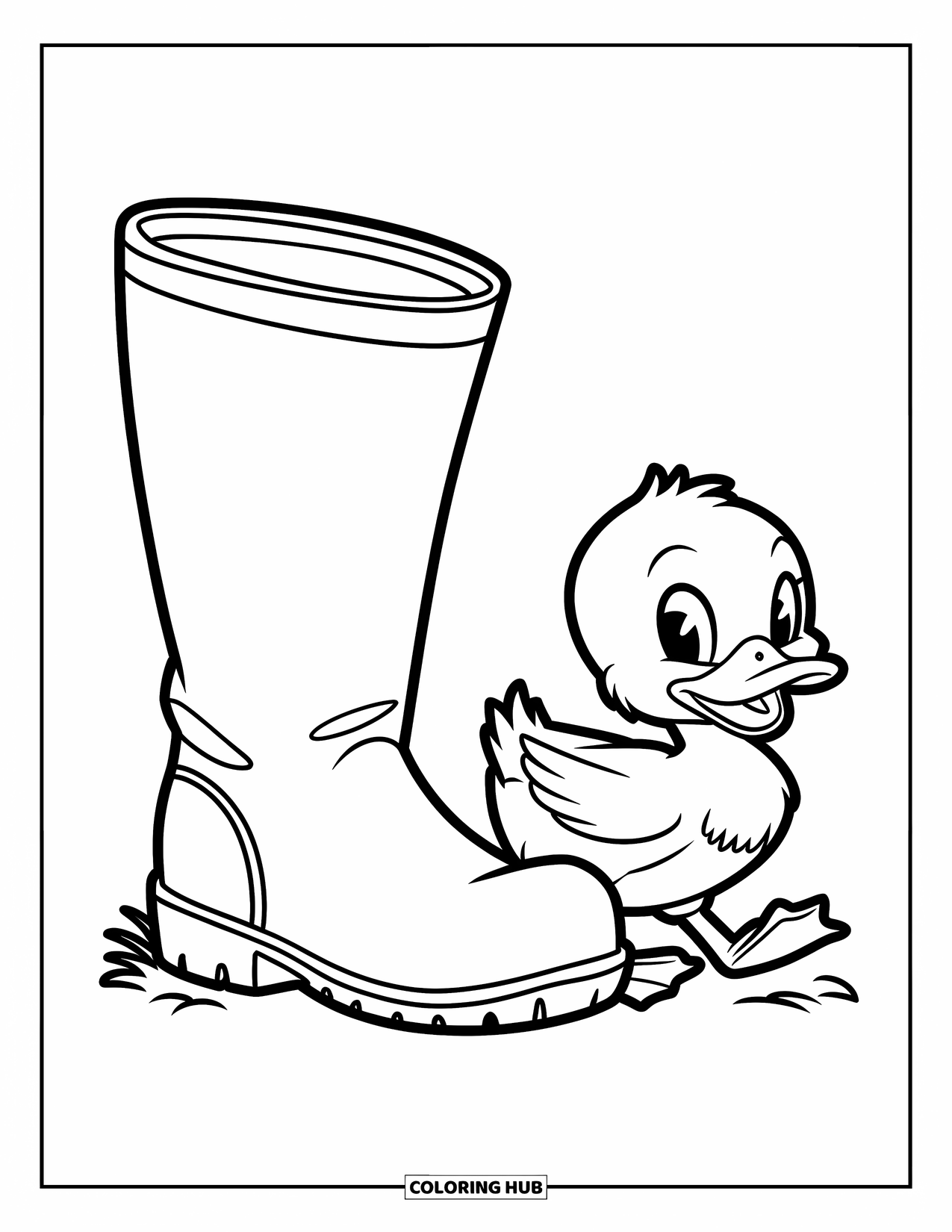 Baby Duck Coloring Page for Kids: A duck with bold outlines waddles behind a rubber boot in grass