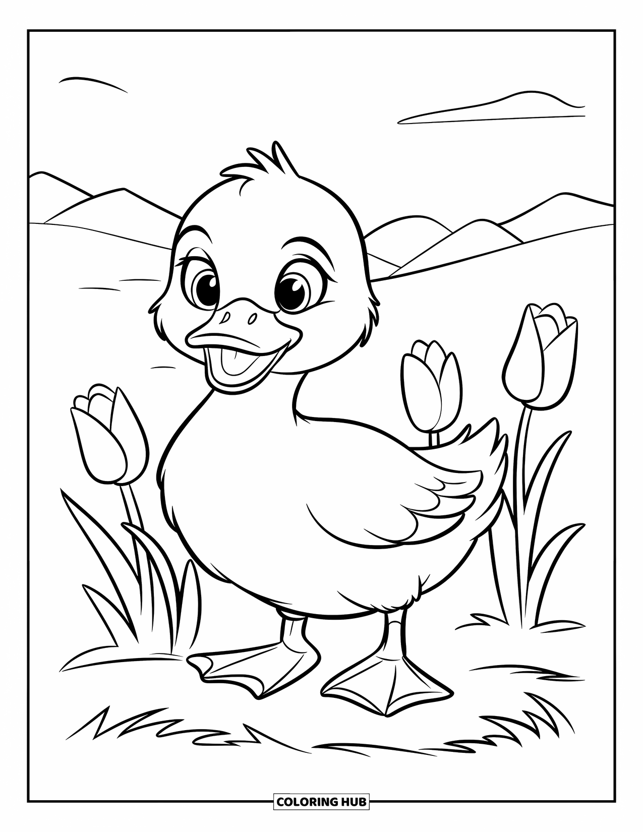 Baby Duck Coloring Page for Kids: A duck with orange feet stands by tulips under a clear sky