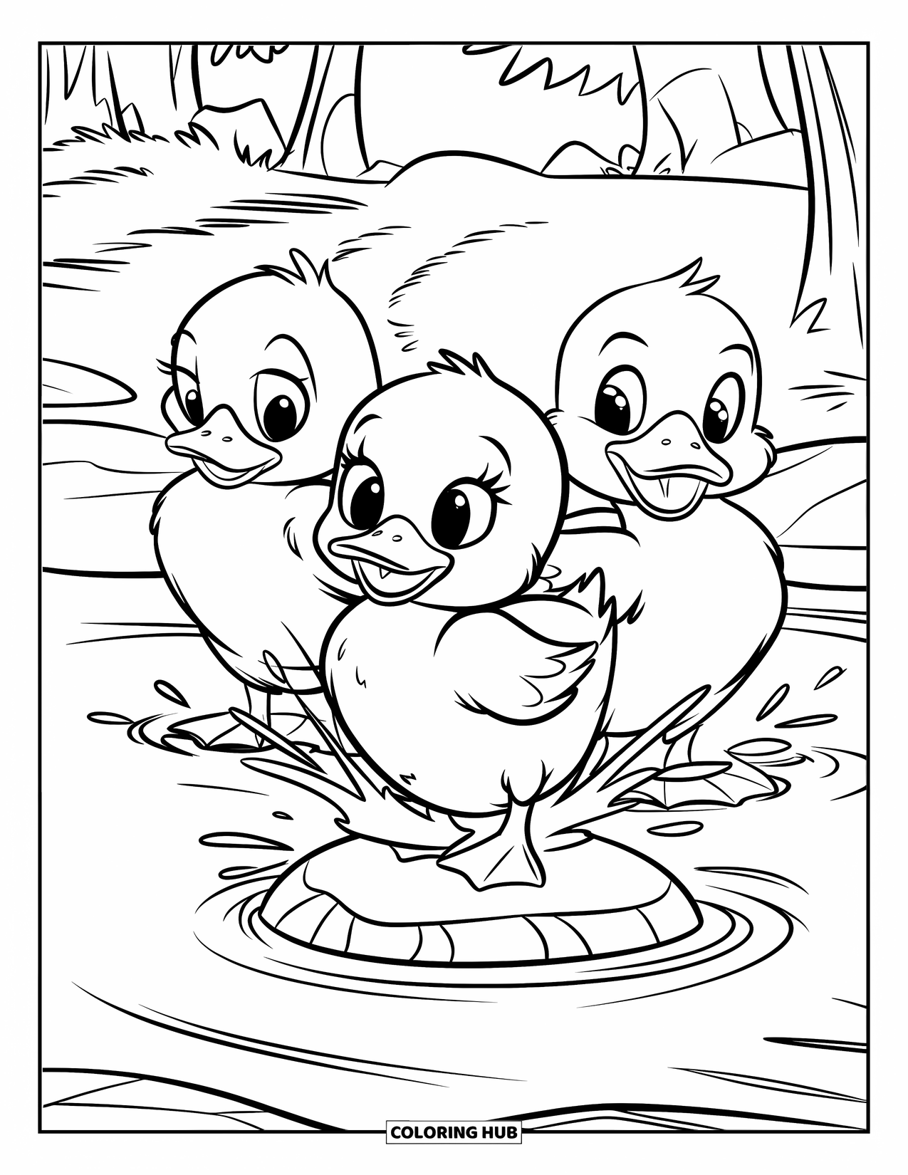 Baby Duck Coloring Page for Kids: Three ducklings splash together on a rock in a stream