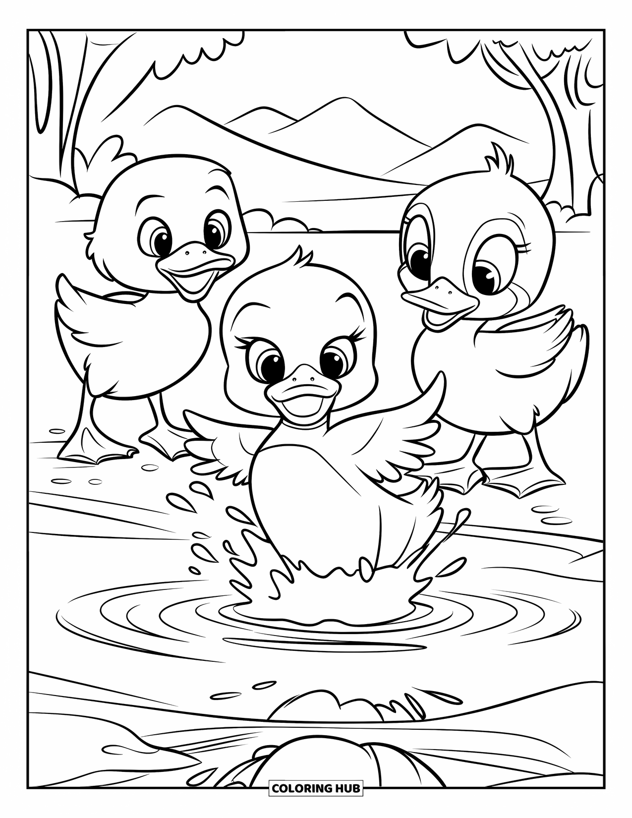 Baby Duck Coloring Page for Kids: Three ducks splash in a stream with mountains in the distance