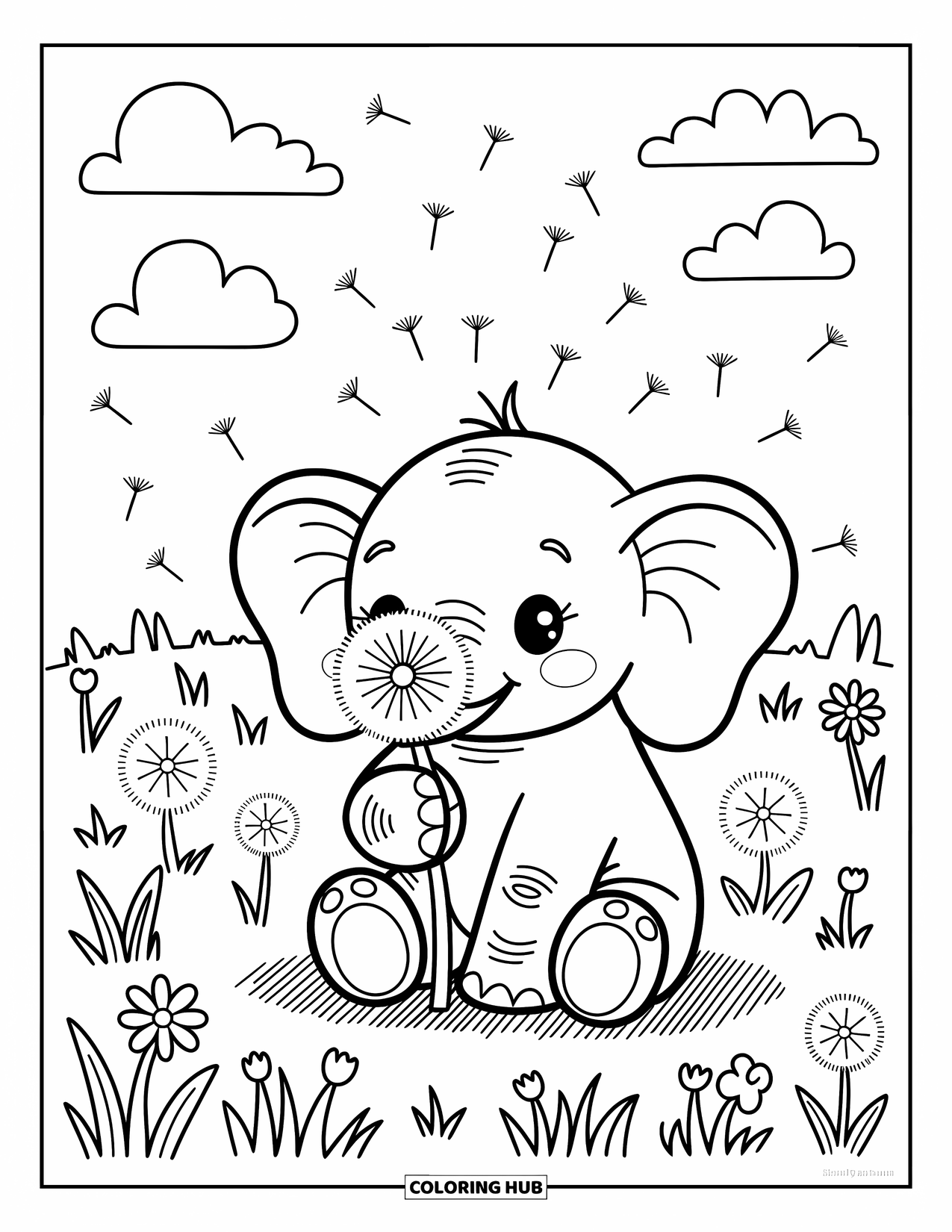 Baby Elephant Coloring Page for Adults: A baby elephant blows dandelions in a peaceful meadow with flowers and sunny skies