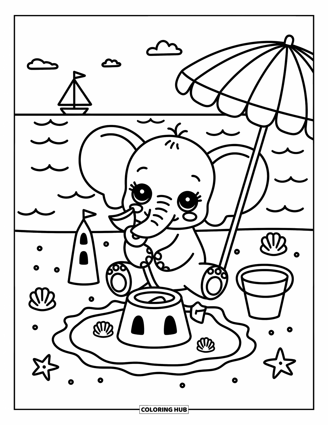 Baby Elephant Coloring Page for Adults: A baby elephant builds a castle on the beach with waves and a tiny sailboat nearby