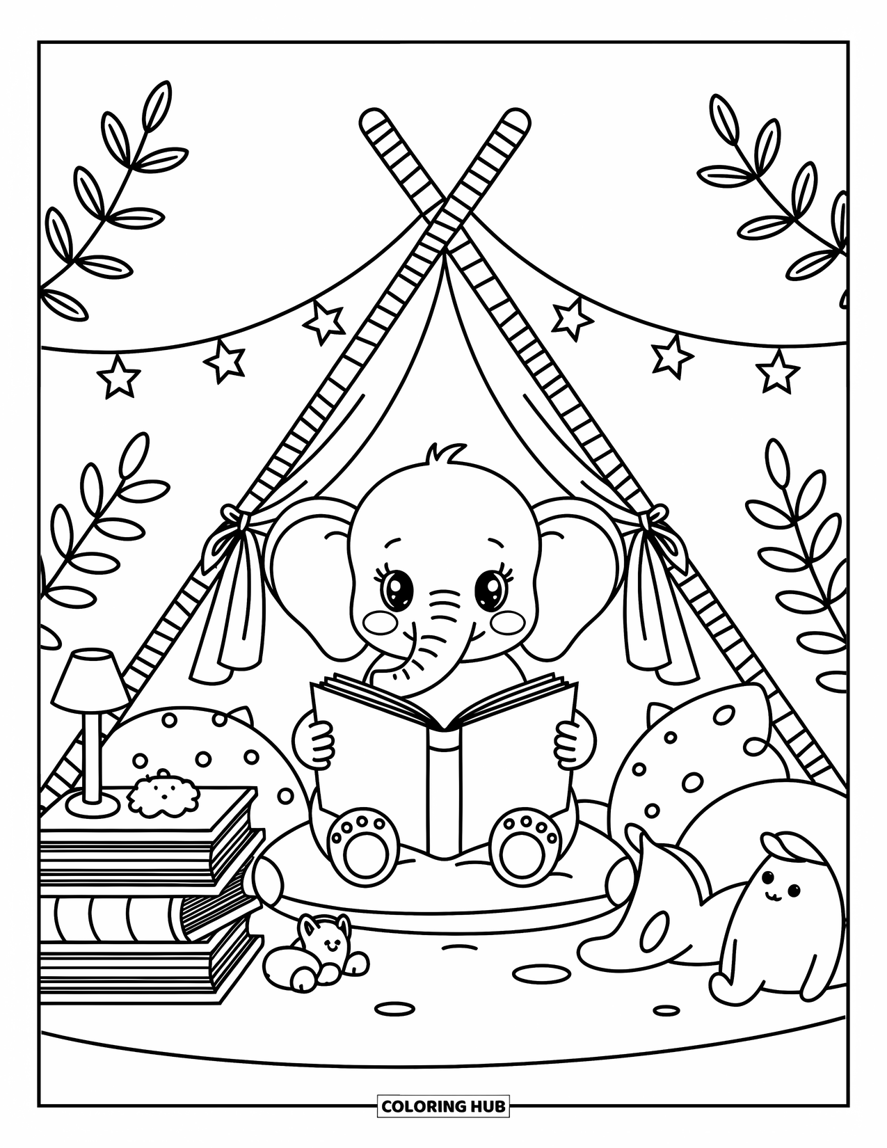Baby Elephant Coloring Page for Adults: A baby elephant cozies up with a book inside a blanket tent lit by soft lights