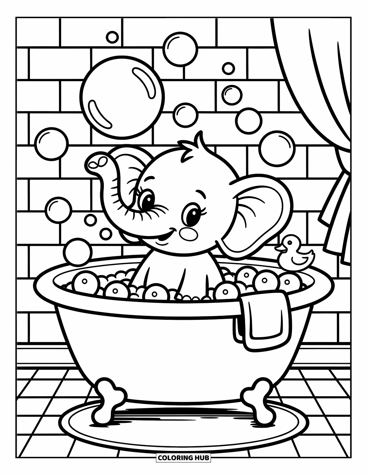 Baby Elephant Coloring Page for Adults: A baby elephant enjoys a bubble bath with a rubber duck and bubbly fun