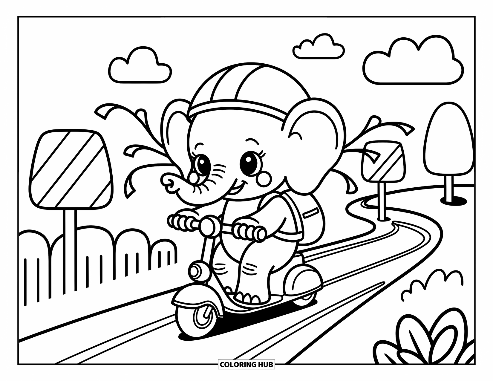 Baby Elephant Coloring Page for Adults: A baby elephant happily rides a scooter with streamers fluttering in the breeze