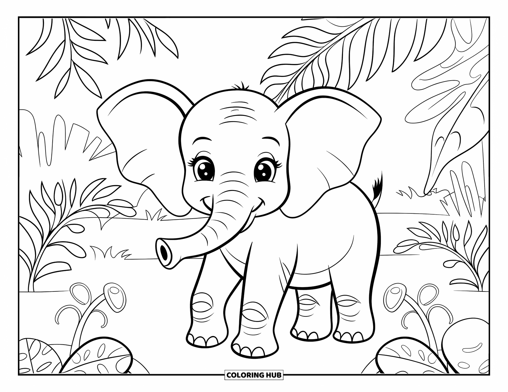 Baby Elephant Coloring Page for Adults: A baby elephant is surrounded by blooming tropical plants in a peaceful forest