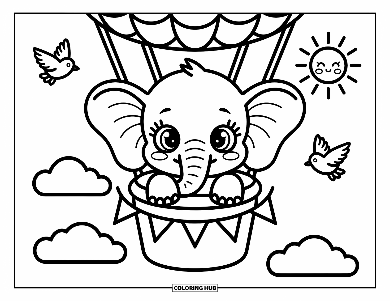 Baby Elephant Coloring Page for Adults: A baby elephant looks out from a hot air balloon with flags, clouds, and happy birds