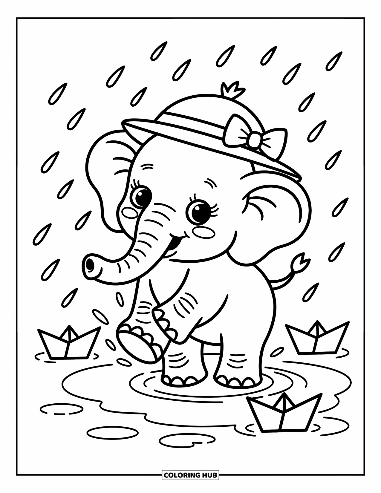 Baby Elephant Coloring Page for Adults: A baby elephant plays in the rain, wearing a little hat and splashing water everywhere