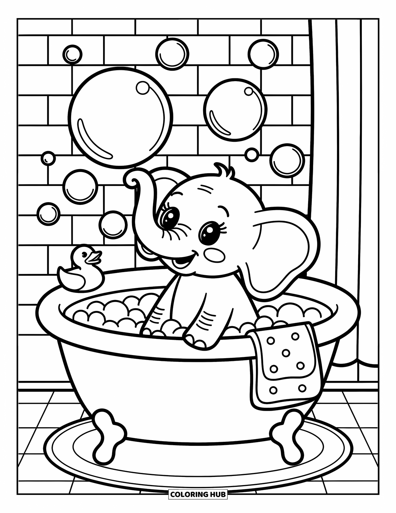 Baby Elephant Coloring Page for Adults: A baby elephant plays with bubbles in a bathtub with a rubber duck beside it