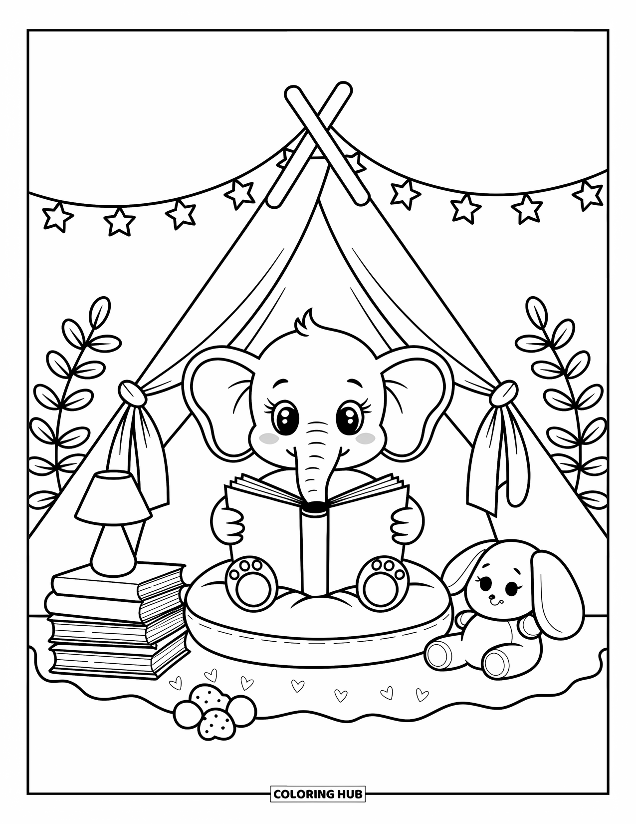 Baby Elephant Coloring Page for Adults: A baby elephant reads in a pillow fort with fairy lights and cuddly stuffed animals