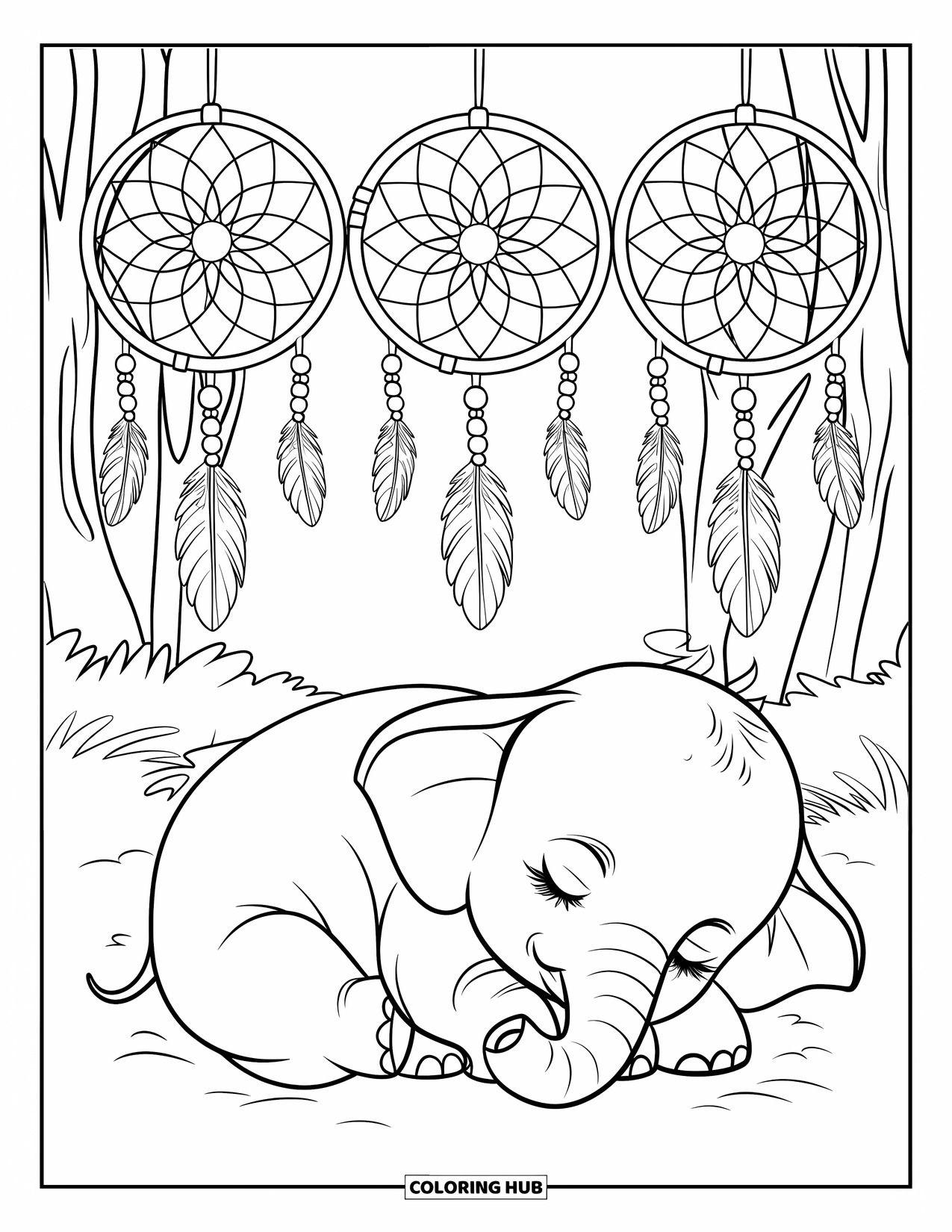 Baby Elephant Coloring Page for Adults: A baby elephant sleeps under the sky with delicate dreamcatchers above