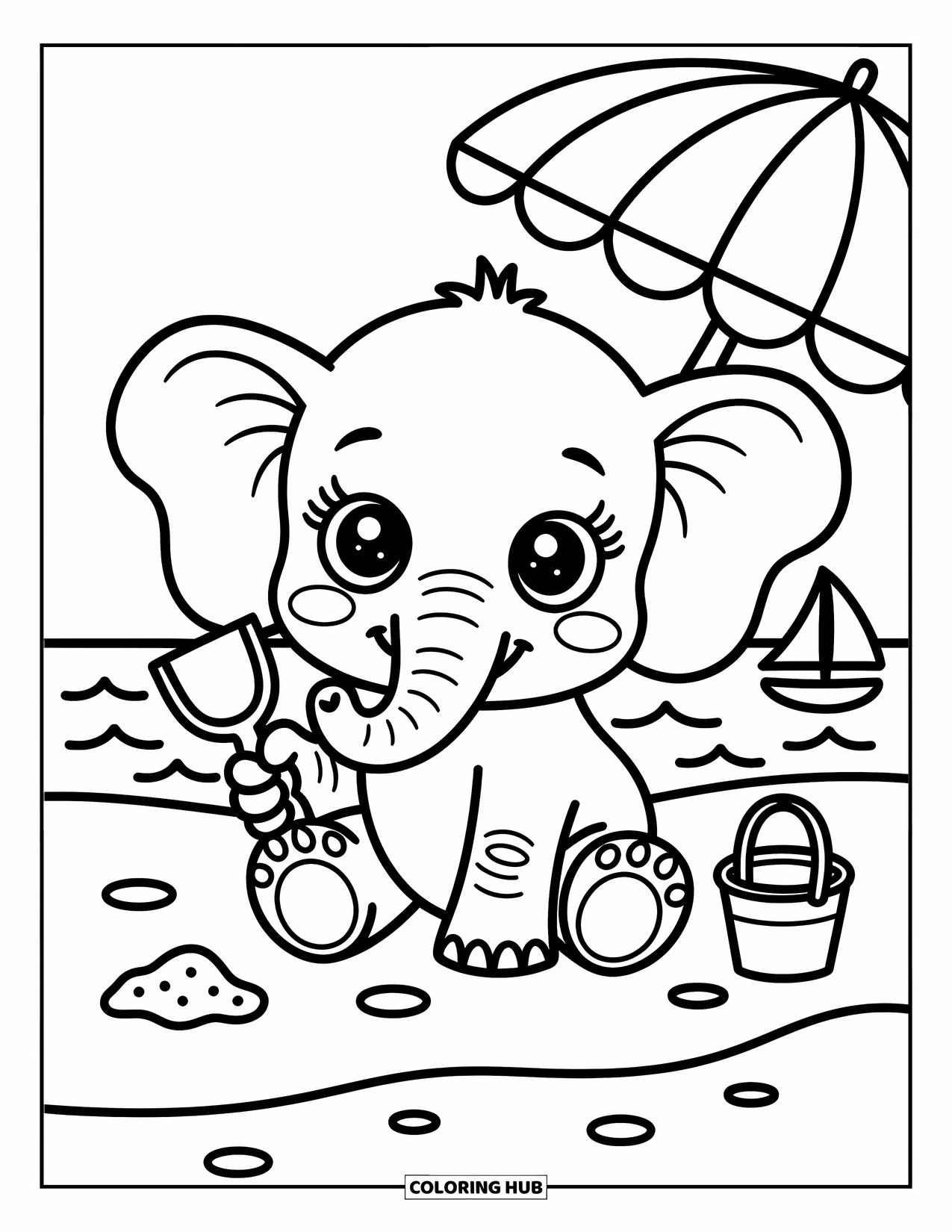 Baby Elephant Coloring Page for Adults: A baby elephant smiles while playing with sand and a bucket near the ocean waves