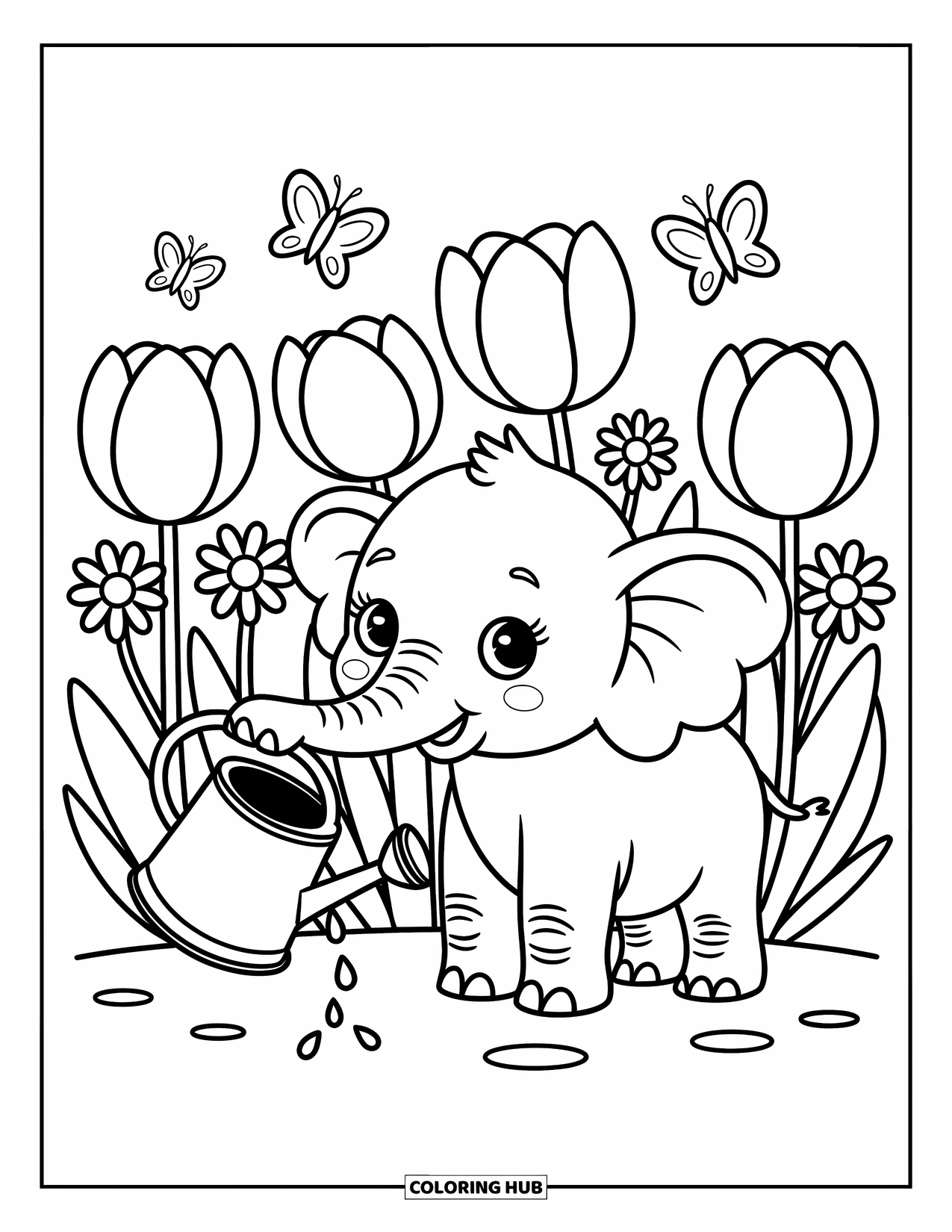 Baby Elephant Coloring Page for Adults: A baby elephant smiles while watering flowers and watching butterflies flutter around