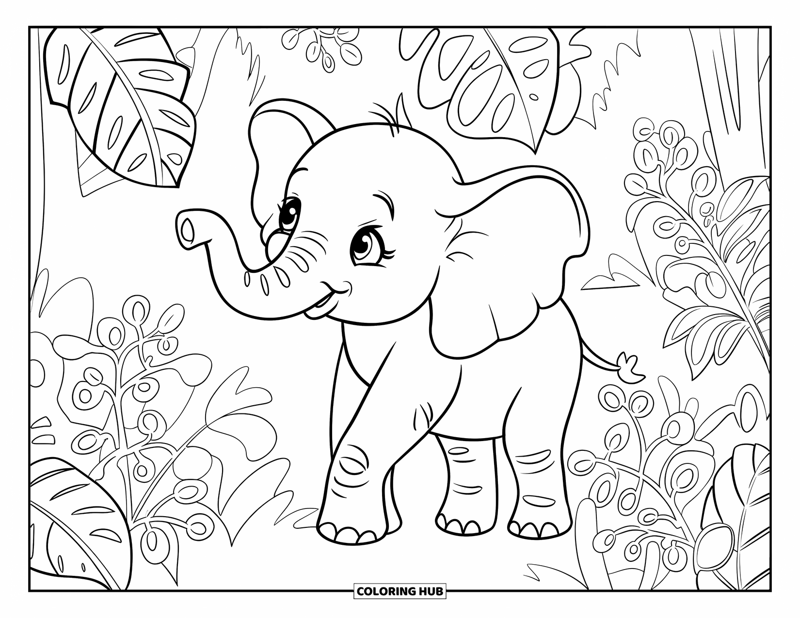 Baby Elephant Coloring Page for Adults: A baby elephant stands among tropical plants with bold, leafy patterns
