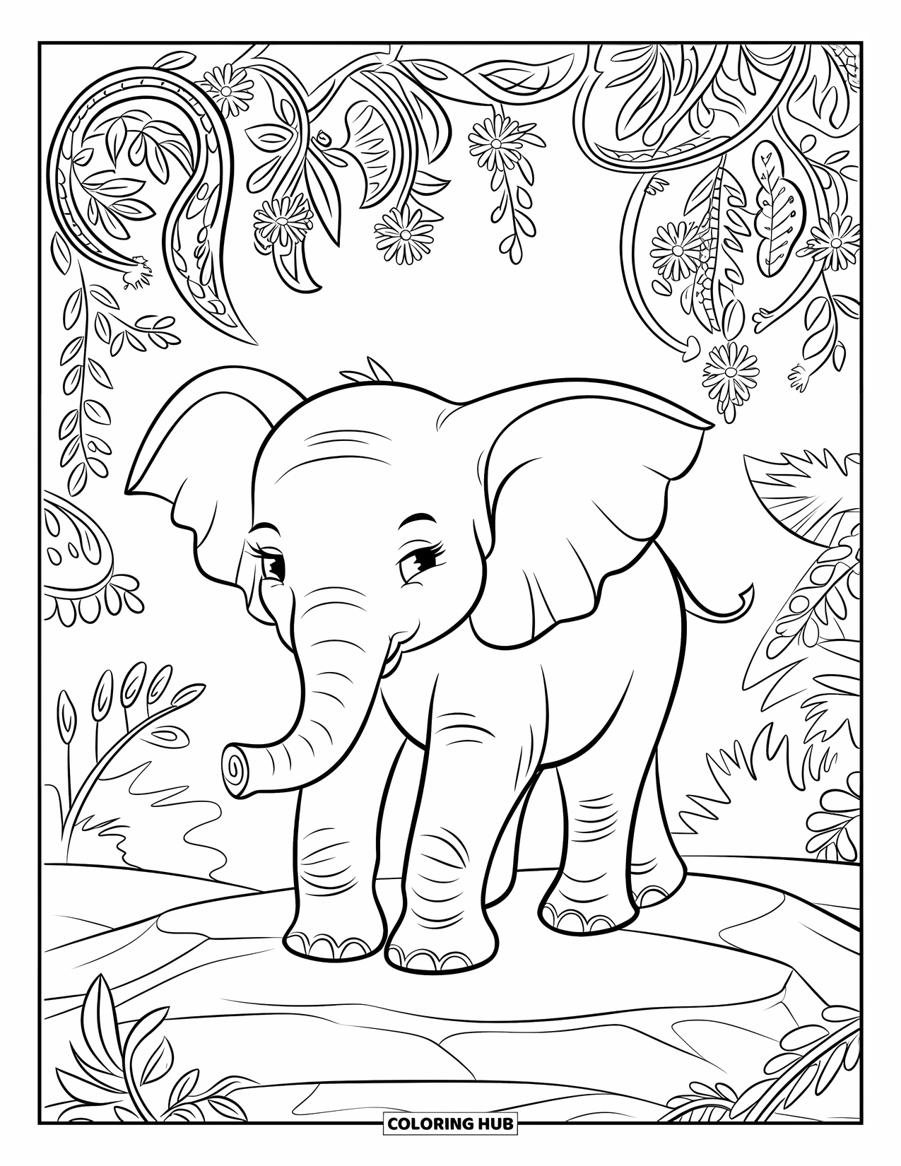 Baby Elephant Coloring Page for Adults: A baby elephant stands on rocky ground among vines and tall jungle plants