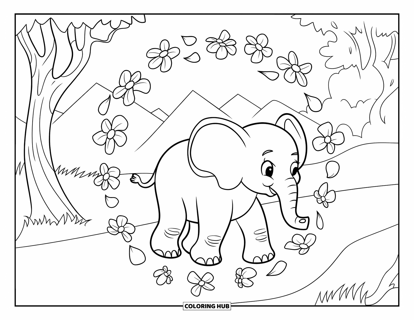 Baby Elephant Coloring Page for Adults: A baby elephant walks a scenic path with petals, trees, and distant mountains