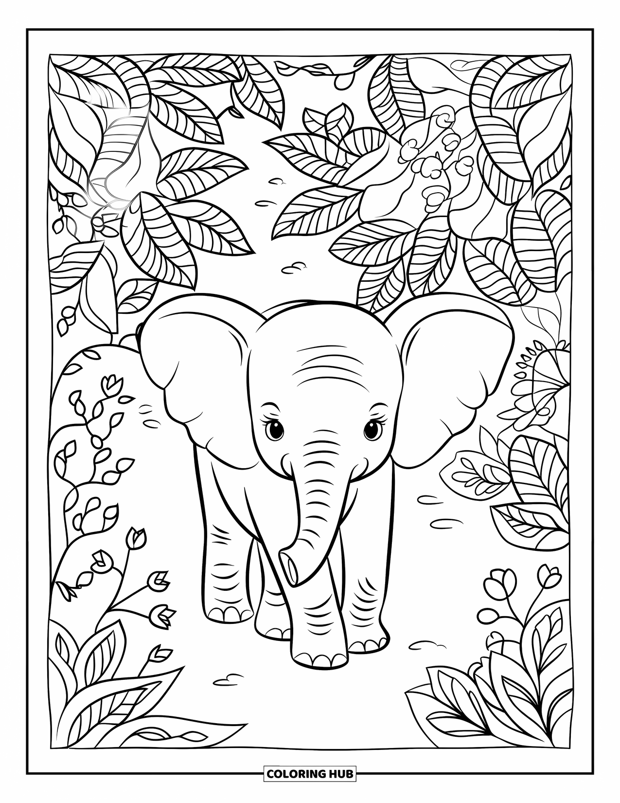Baby Elephant Coloring Page for Adults: A baby elephant walks along a patterned jungle path with leafy borders