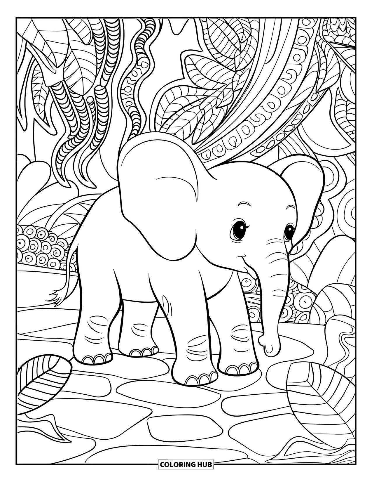 Baby Elephant Coloring Page for Adults: A baby elephant walks on stone steps through a vine-filled jungle trail