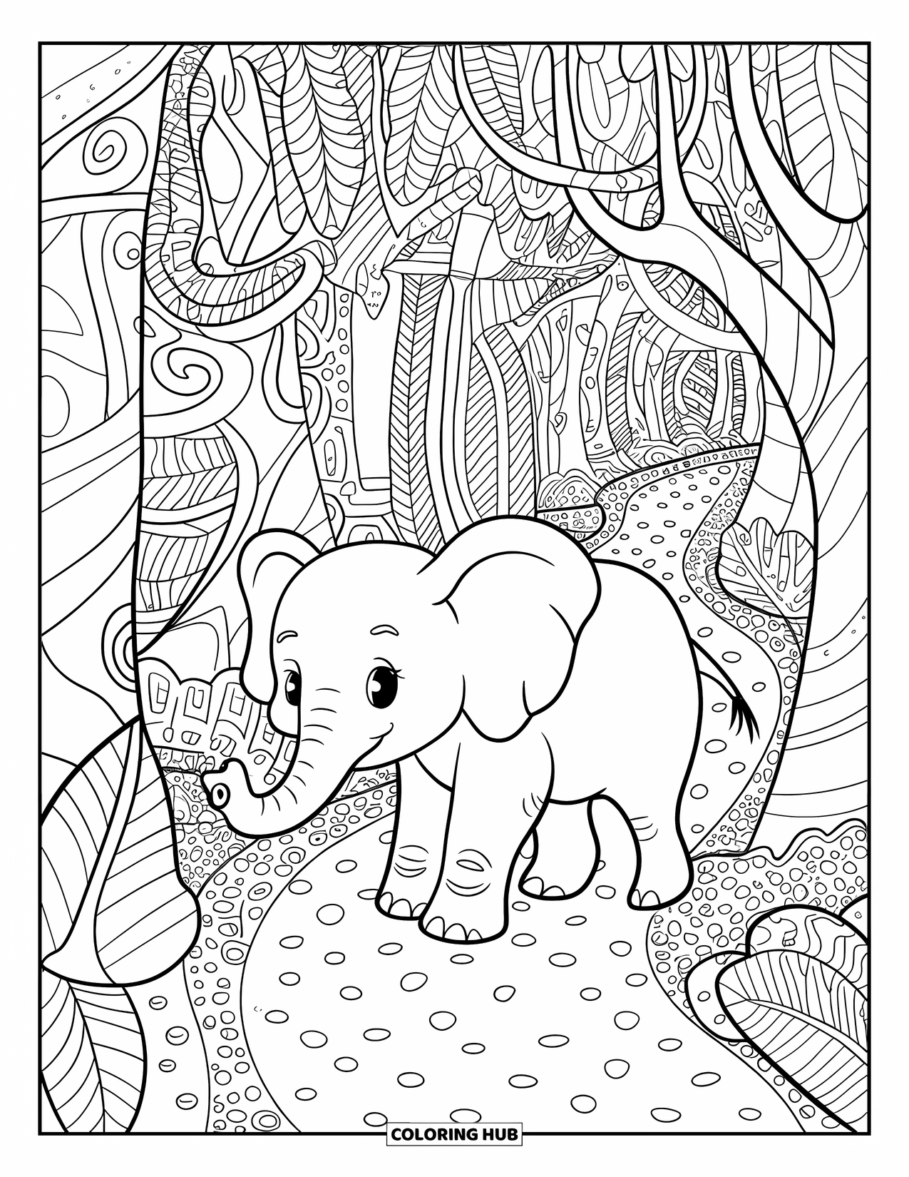 Baby Elephant Coloring Page for Adults: A baby elephant walks through a jungle path filled with tiny patterned details