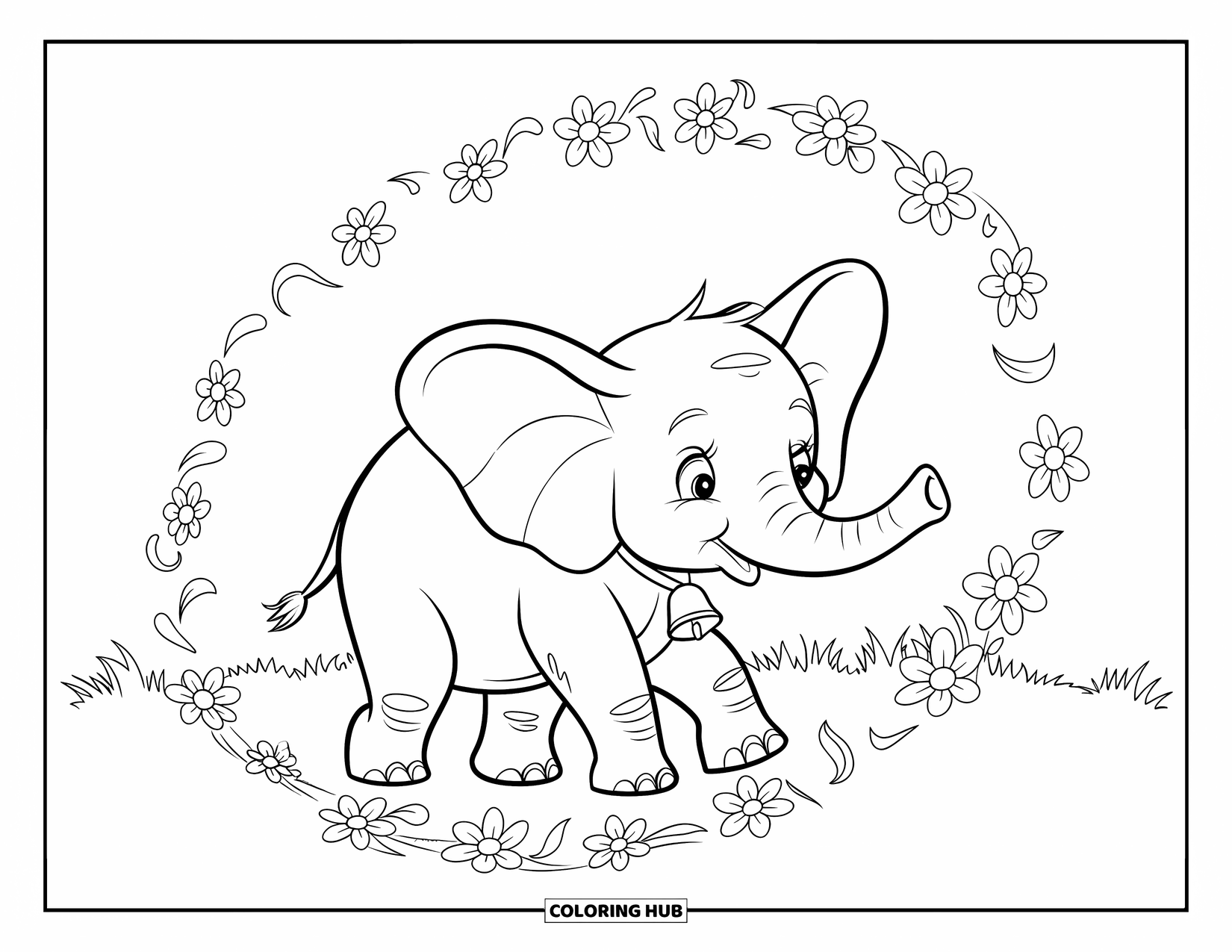 Baby Elephant Coloring Page for Adults: A baby elephant walks through swirling flower petals in a peaceful field