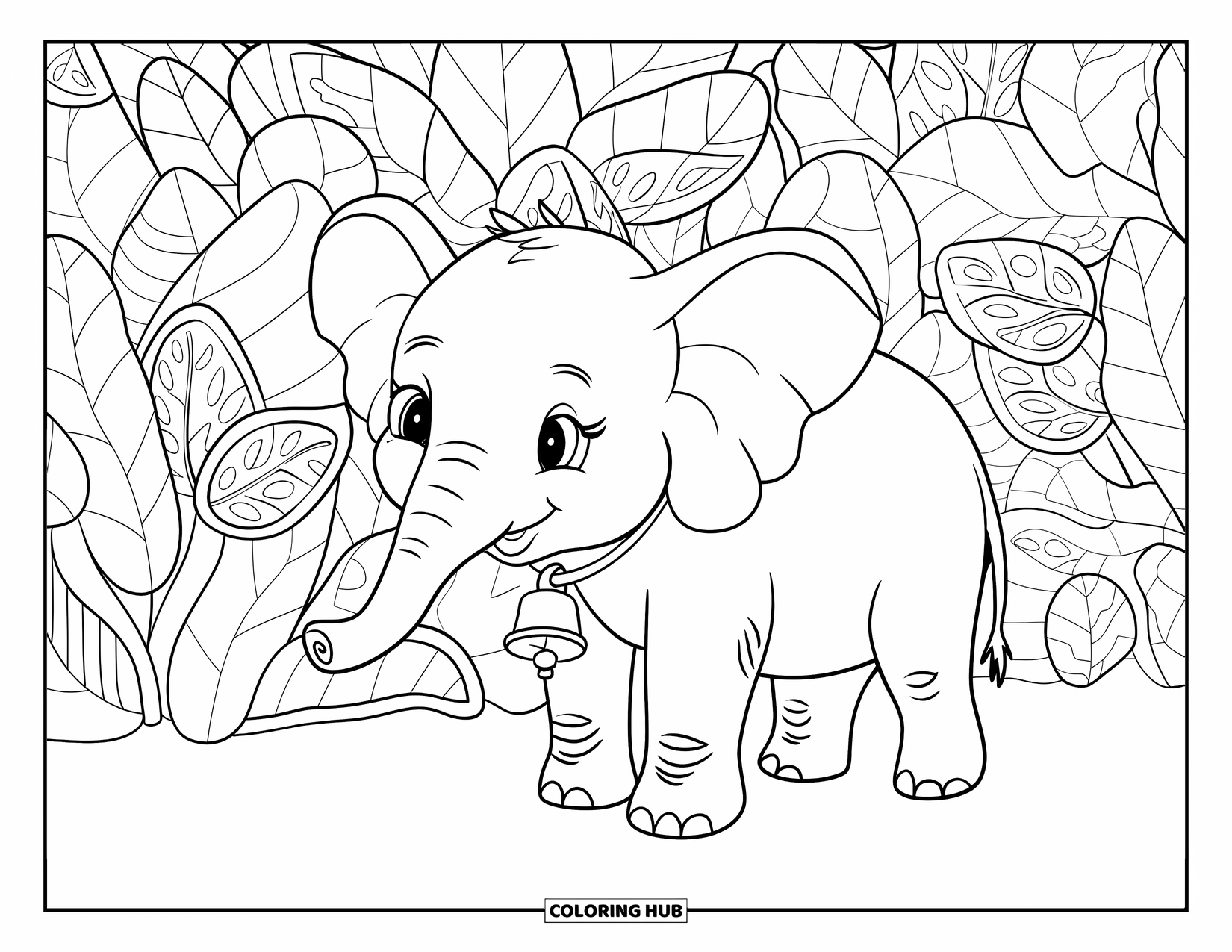 Baby Elephant Coloring Page for Adults: A baby elephant with a bell stands in a lush jungle of patterned leaves