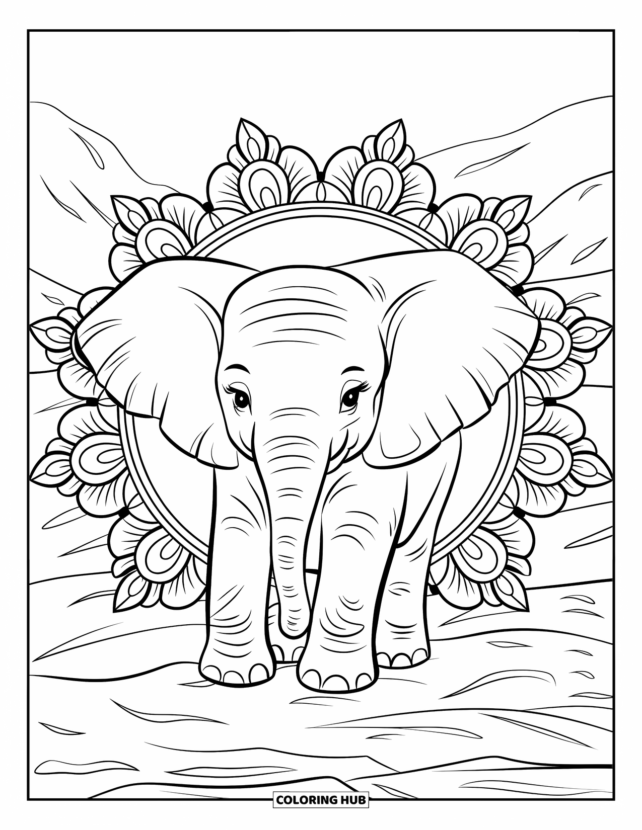 Baby Elephant Coloring Page for Adults: A peaceful baby elephant stands on rocks within detailed mandala flower designs