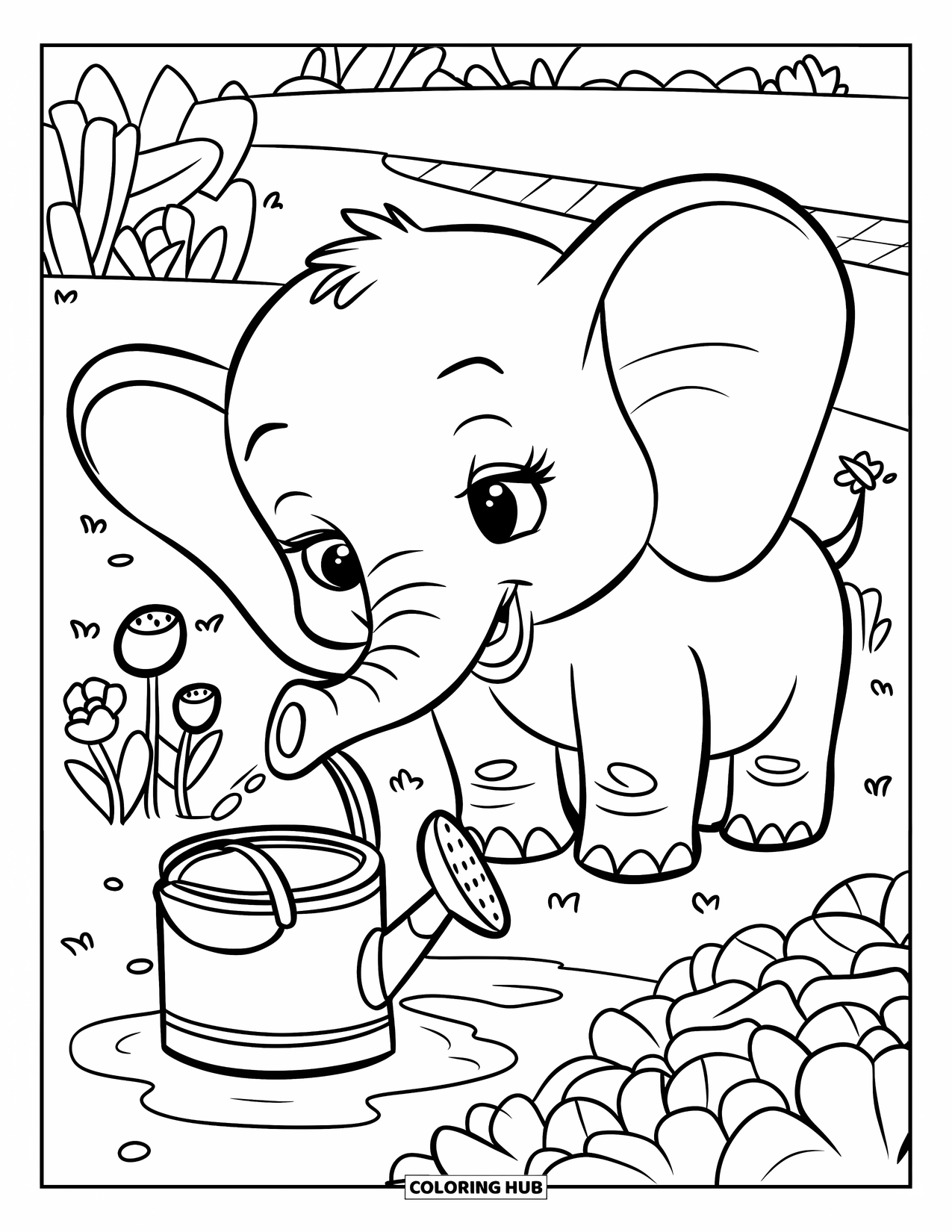 Baby Elephant Coloring Page for Kids: Baby elephant acts as a gardener and waters blooming plants
