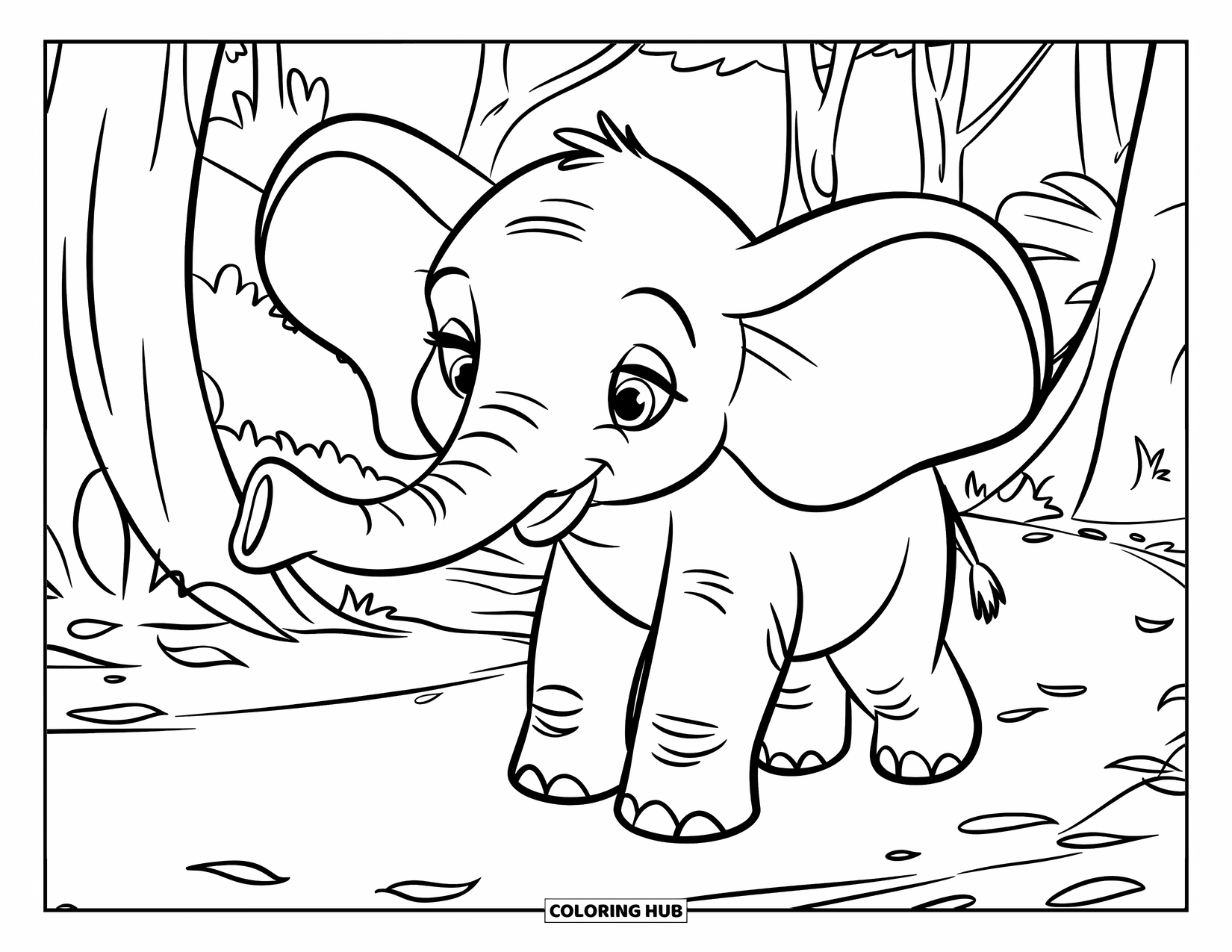 Baby Elephant Coloring Page for Kids: Baby elephant explores a forest path with fallen leaves all around