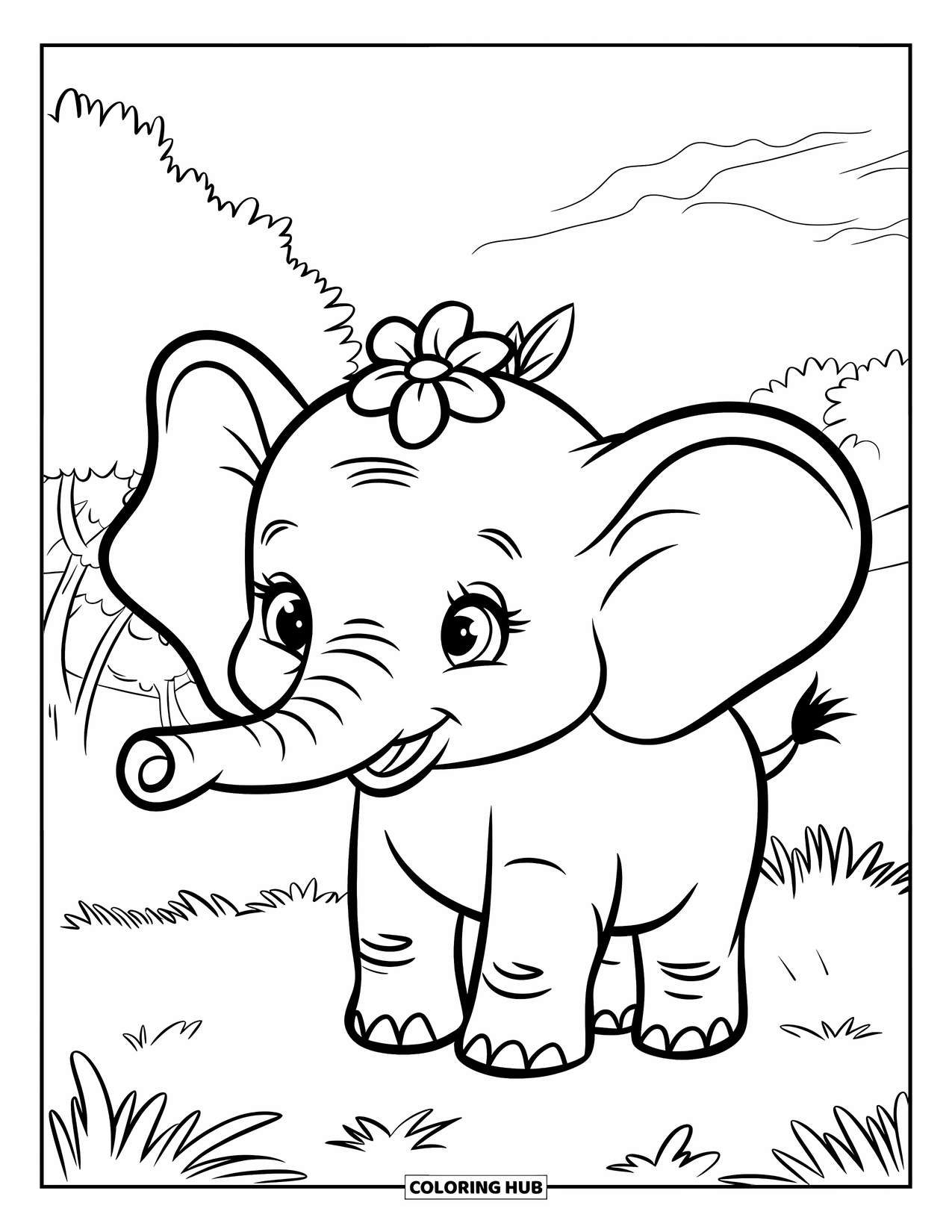 Baby Elephant Coloring Page for Kids: Baby elephant grins happily with a flower on its head and trees behind
