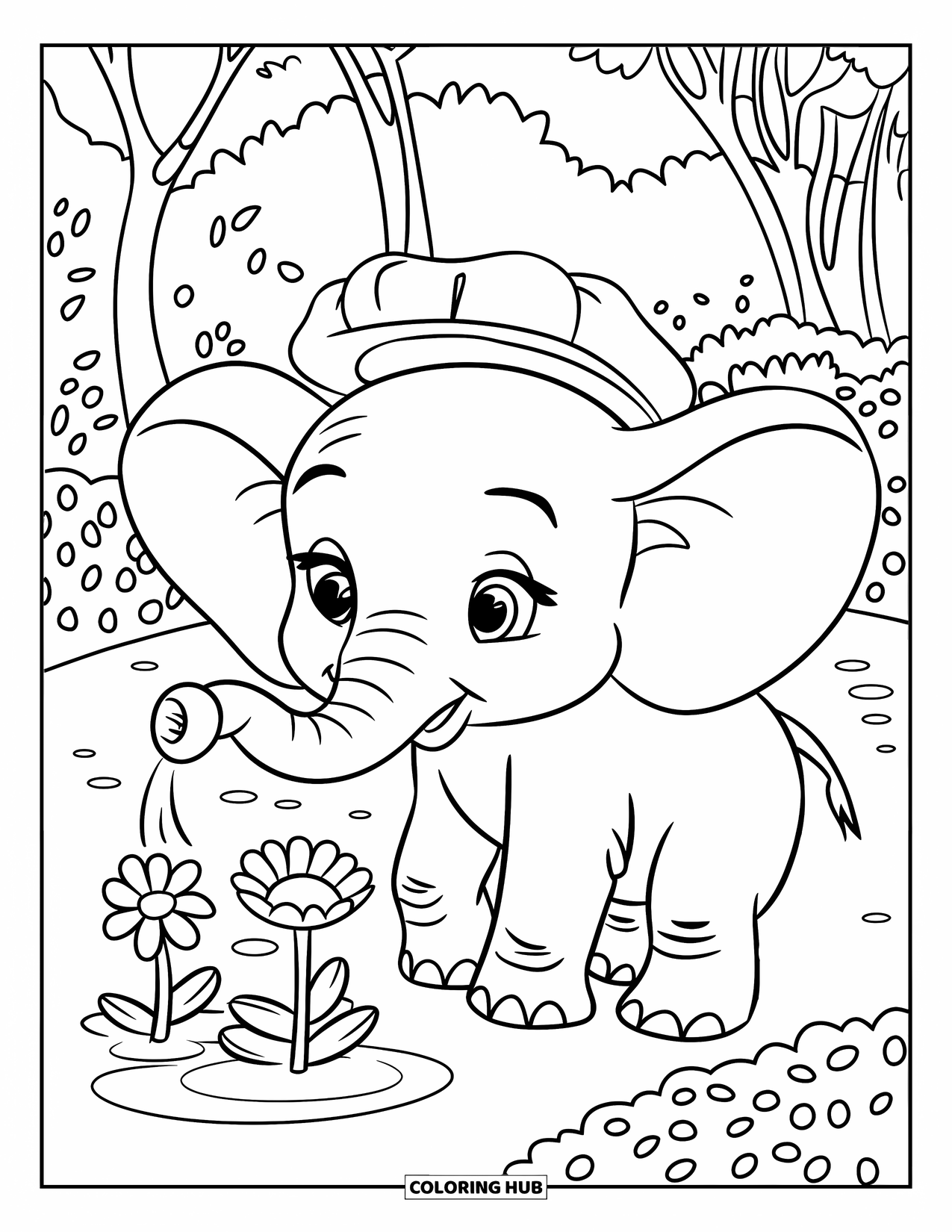 Baby Elephant Coloring Page for Kids: Baby elephant helps plants grow with a hat and a watering can