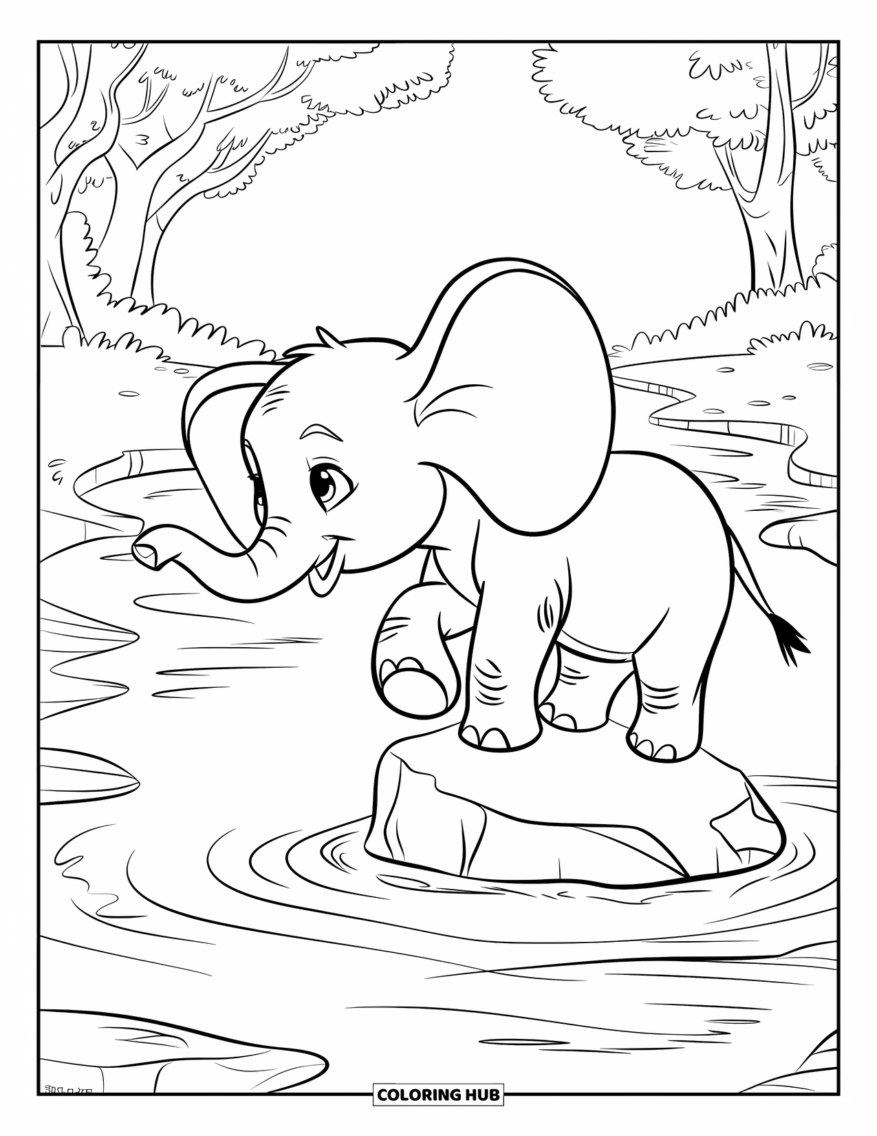 Baby Elephant Coloring Page for Kids: Baby elephant looks across a stream from a rock, surrounded by forest trees