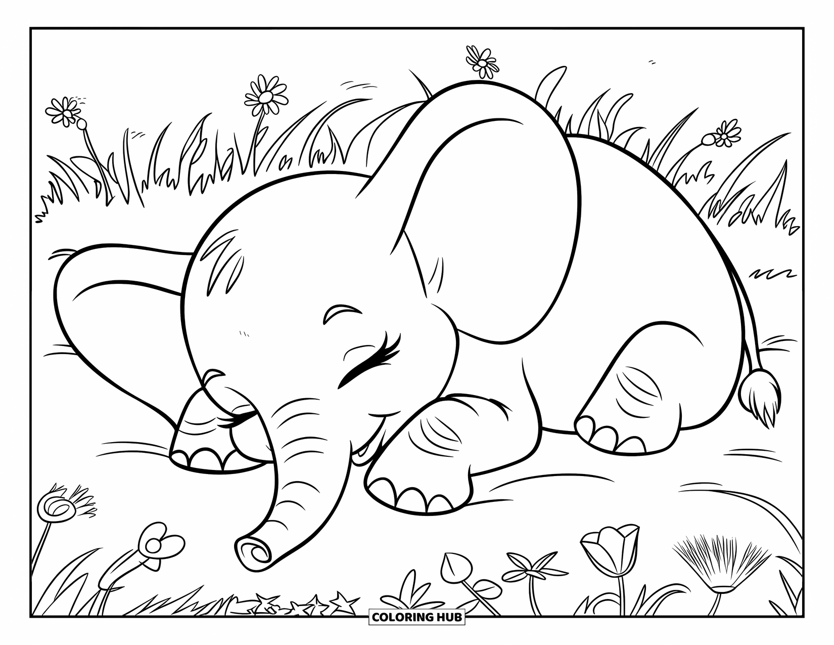 Baby Elephant Coloring Page for Kids: Baby elephant naps in a flower-filled field with its trunk gently on the ground