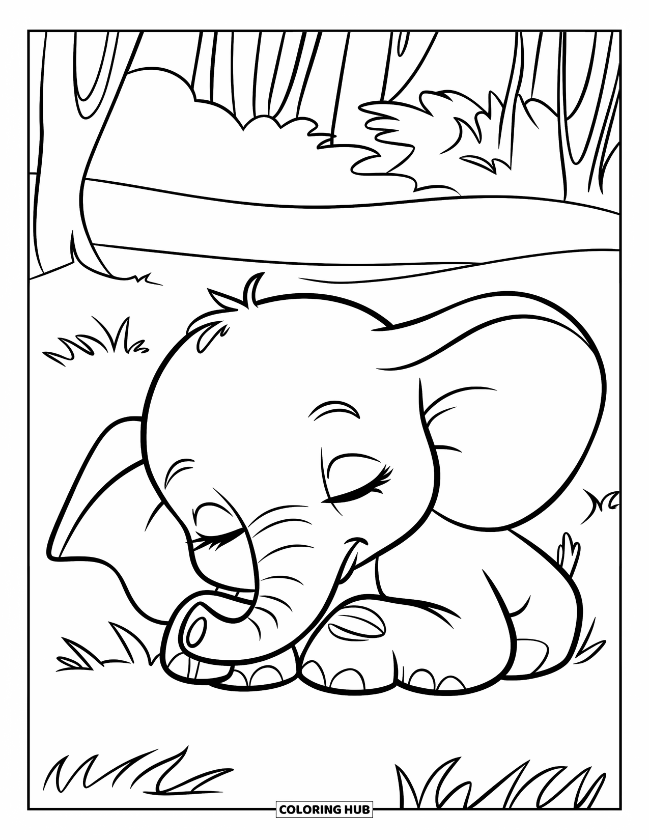 Baby Elephant Coloring Page for Kids: Baby elephant naps peacefully on its belly in a quiet grassy field