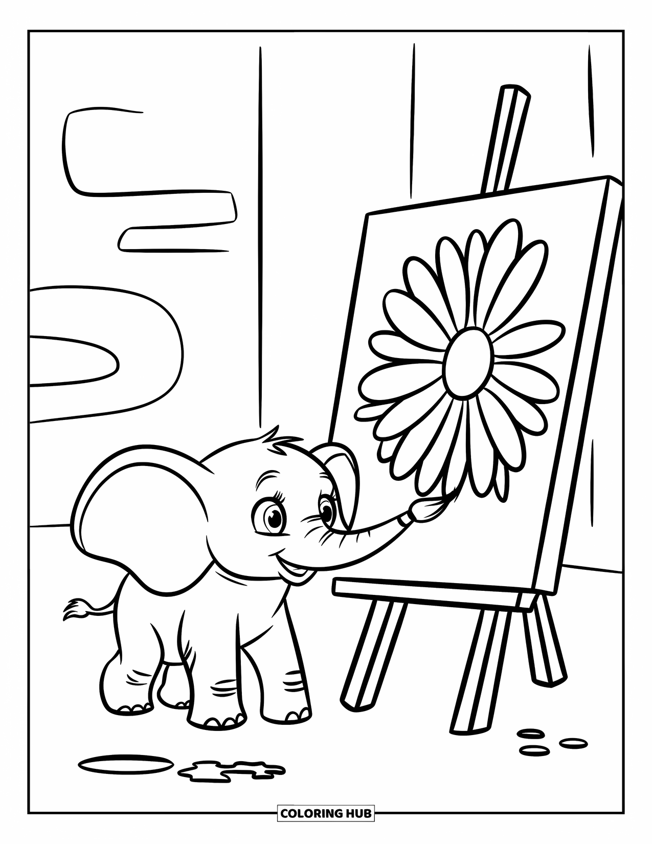 Baby Elephant Coloring Page for Kids: Baby elephant paints beside a large canvas with splatters on the ground